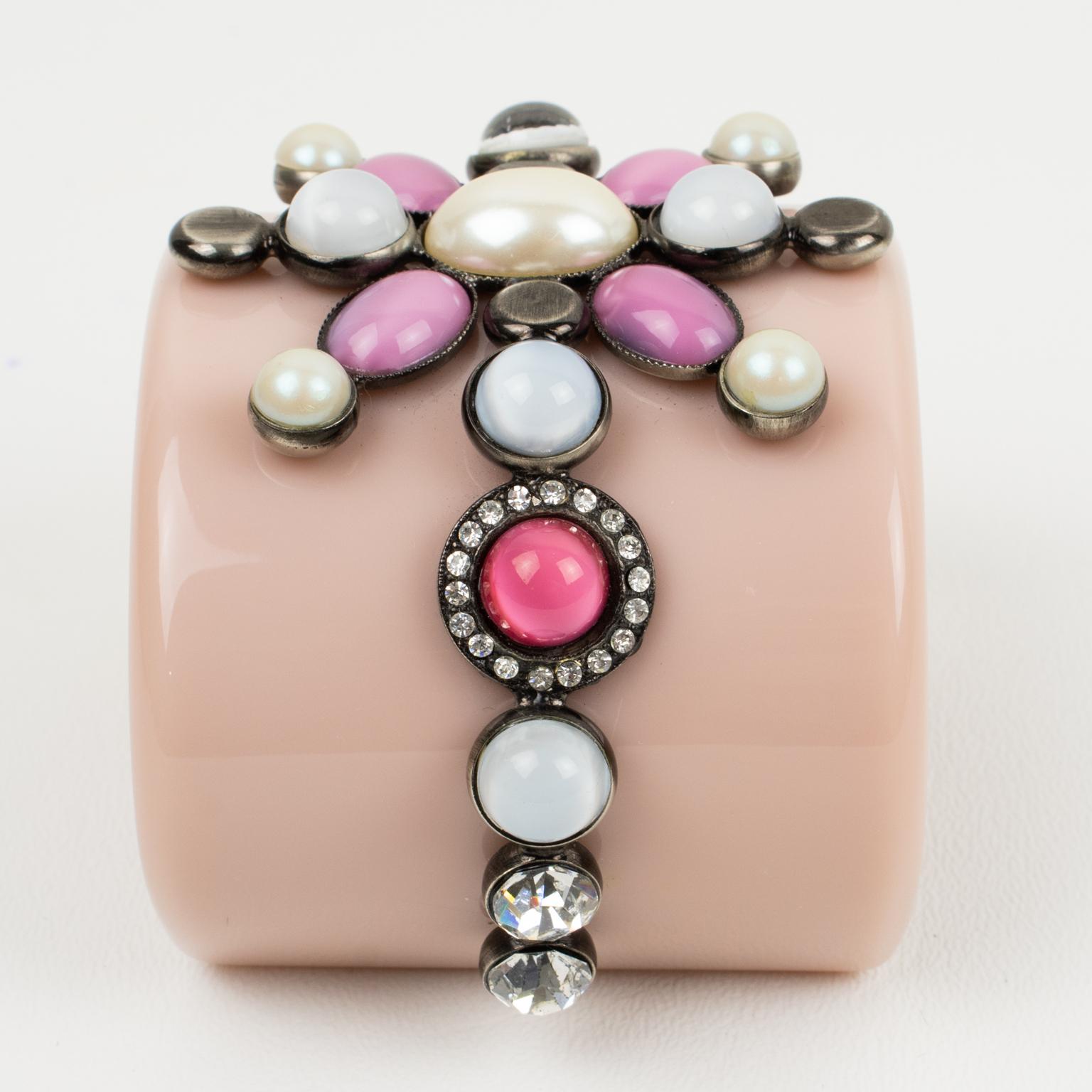 Emilio Pucci Italy Extra-Wide Pale Pink Resin Jeweled Cuff Bracelet For Sale 3