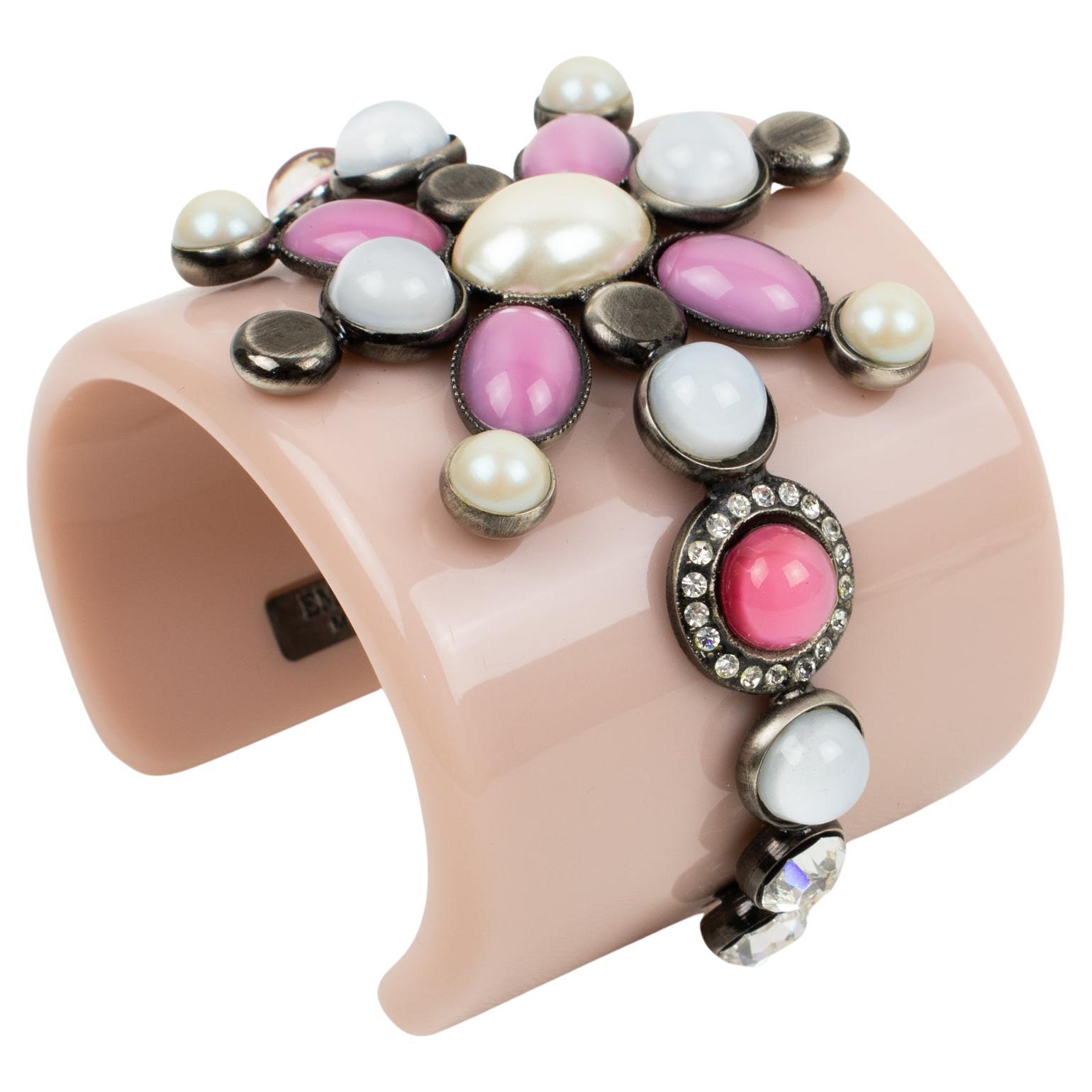 Emilio Pucci Italy Extra-Wide Pale Pink Resin Jeweled Cuff Bracelet For Sale