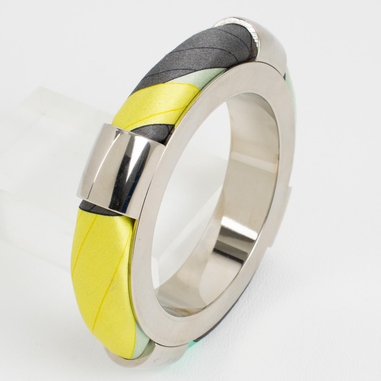 Modernist Emilio Pucci Italy Metal and Multicolor Silk Bracelet Bangle For Sale