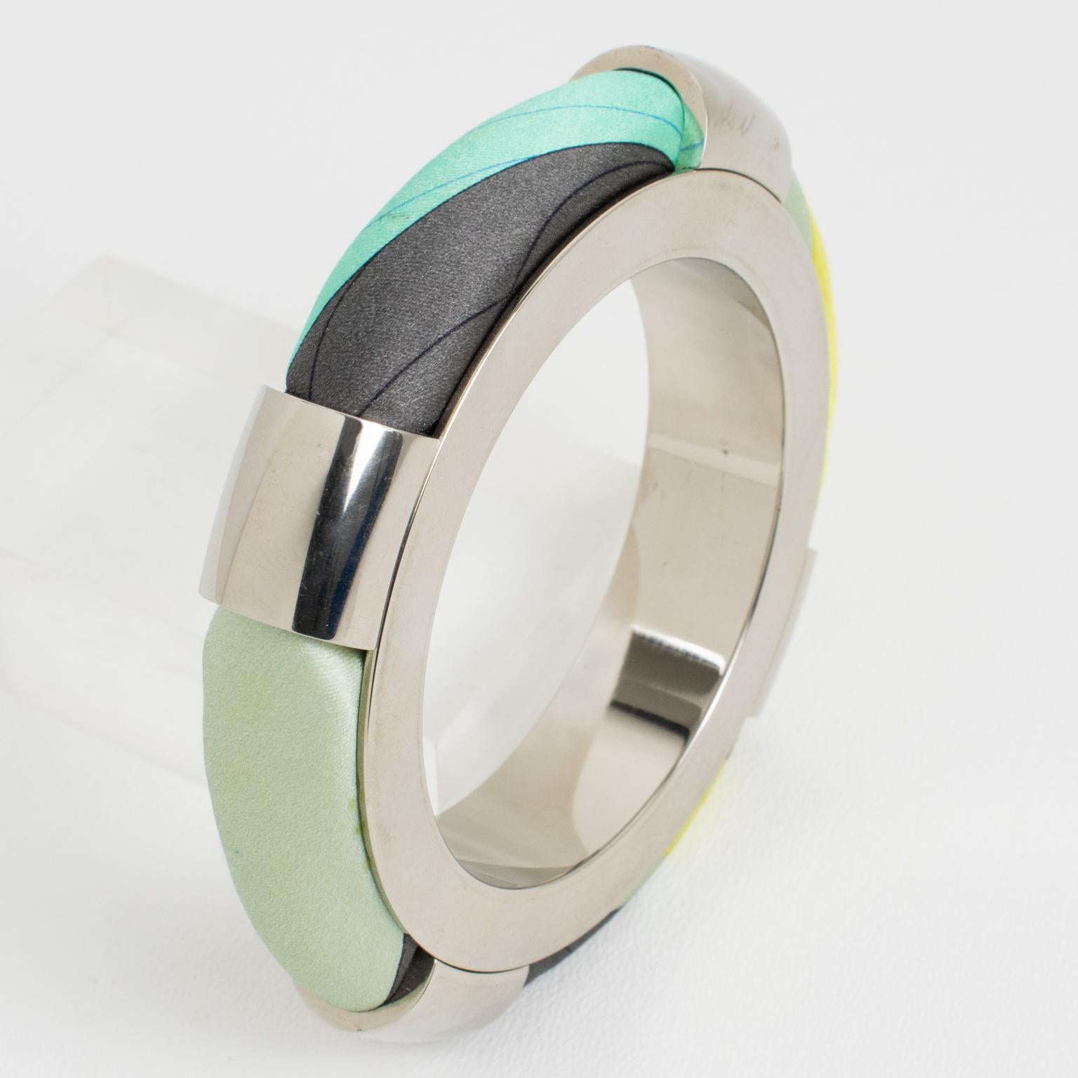 Emilio Pucci Italy Metal and Multicolor Silk Bracelet Bangle In Good Condition For Sale In Atlanta, GA