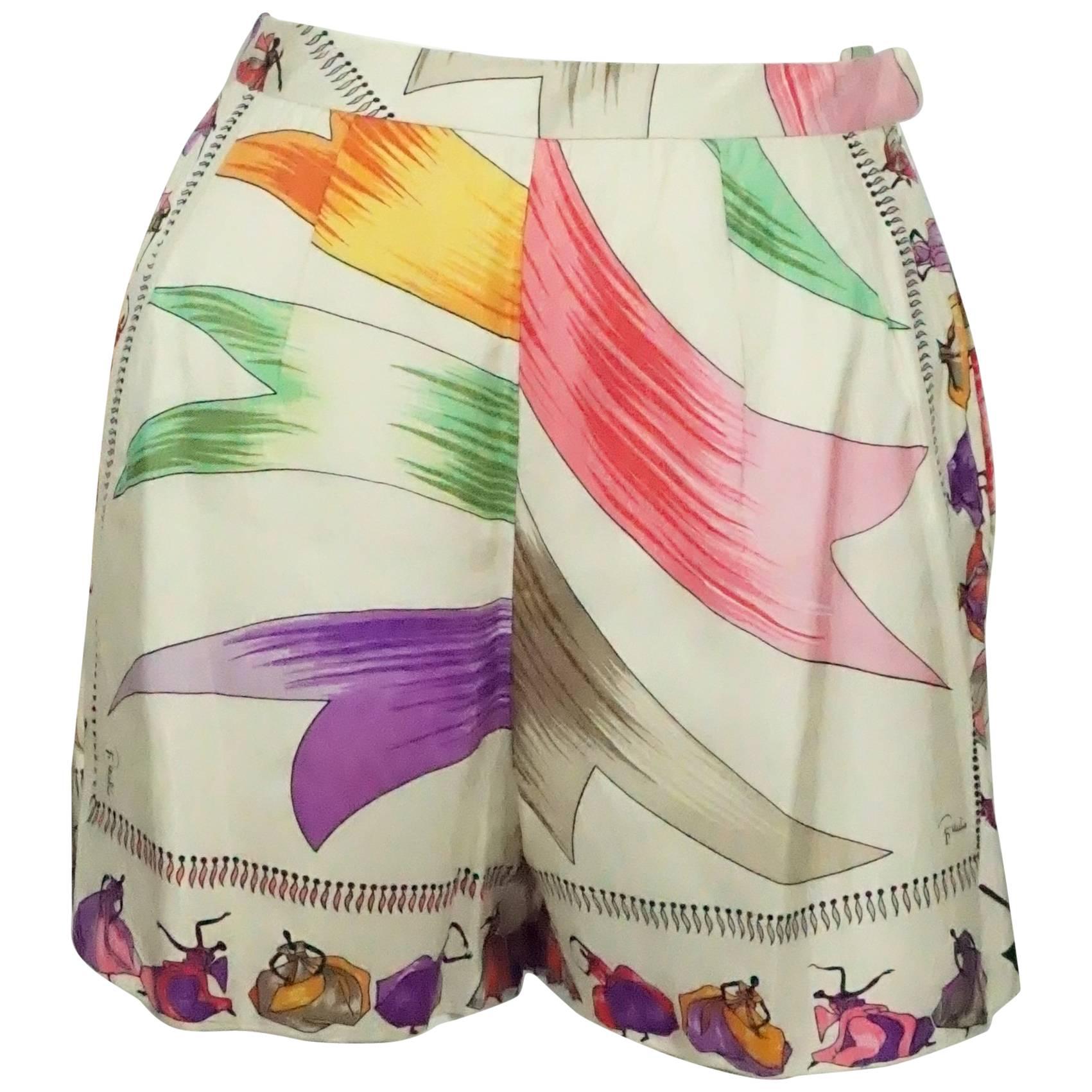 Emilio Pucci Ivory and Multi "Gowns" Silk Print Shorts - Small - Circa 60's For Sale
