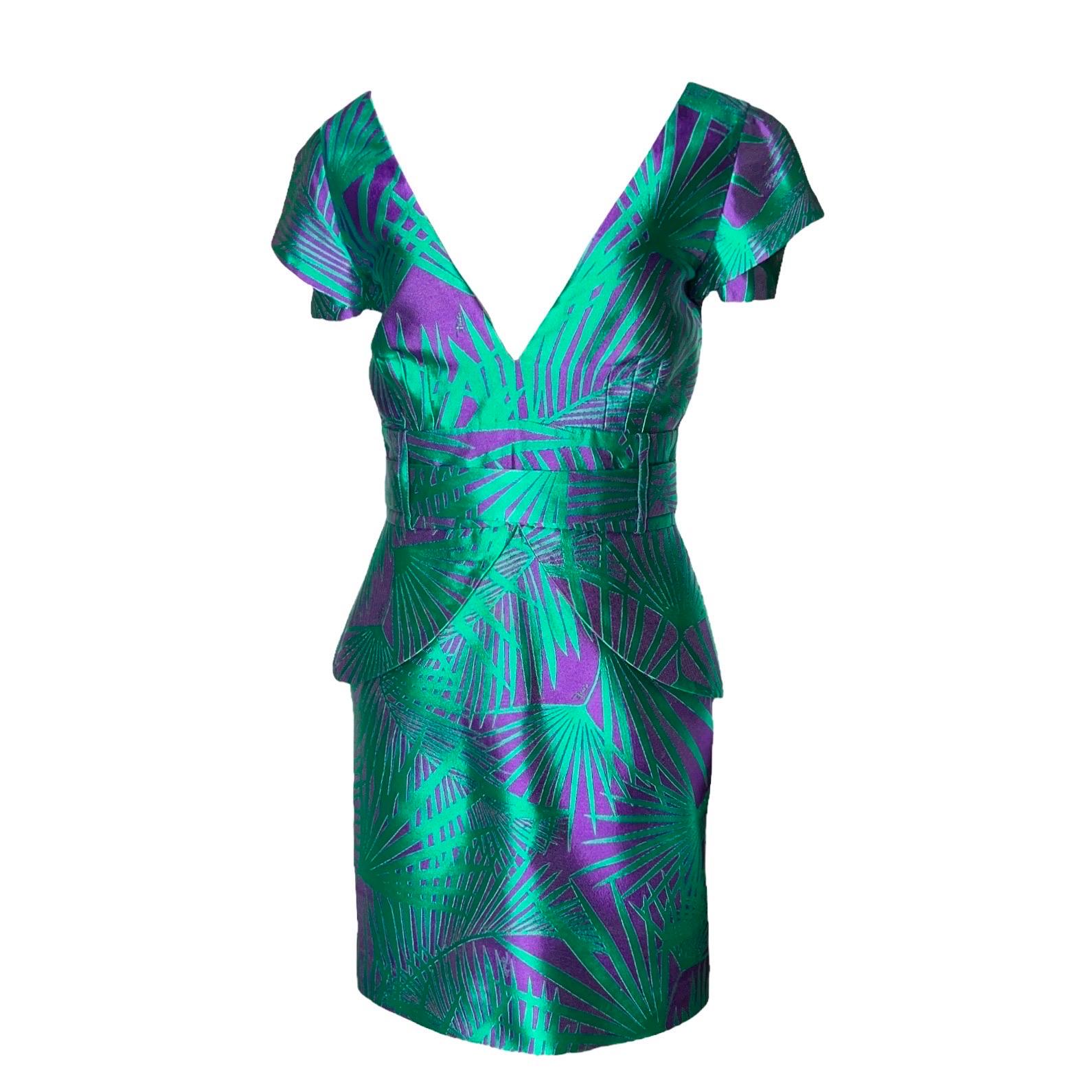 Bleu EMILIO PUCCI - Robe tropicale en jacquard de soie avec imprimé signature palmiers et ceinture 40 en vente