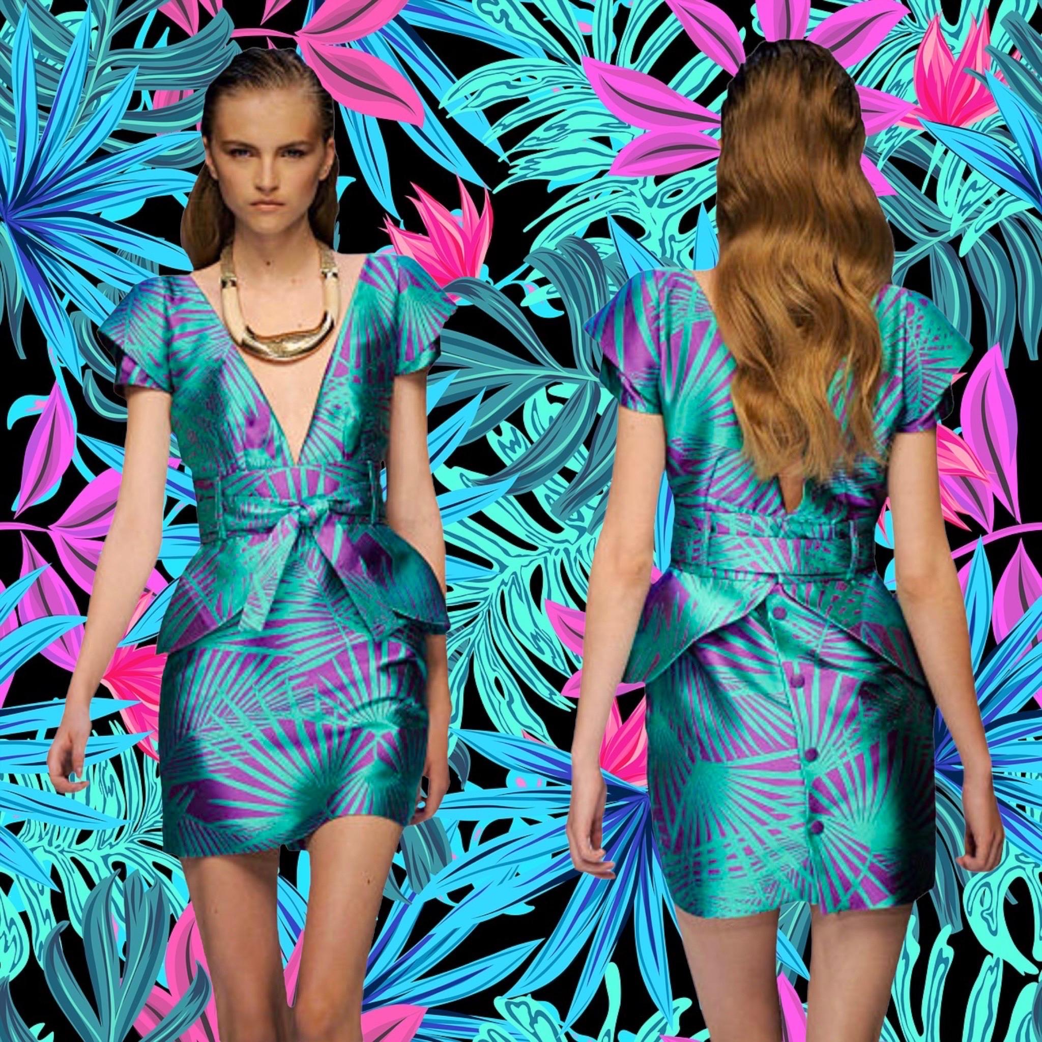 Tropical EMILIO PUCCI Jacquard Silk Blend Palms Signature Print Dress Belt 40 For Sale 3