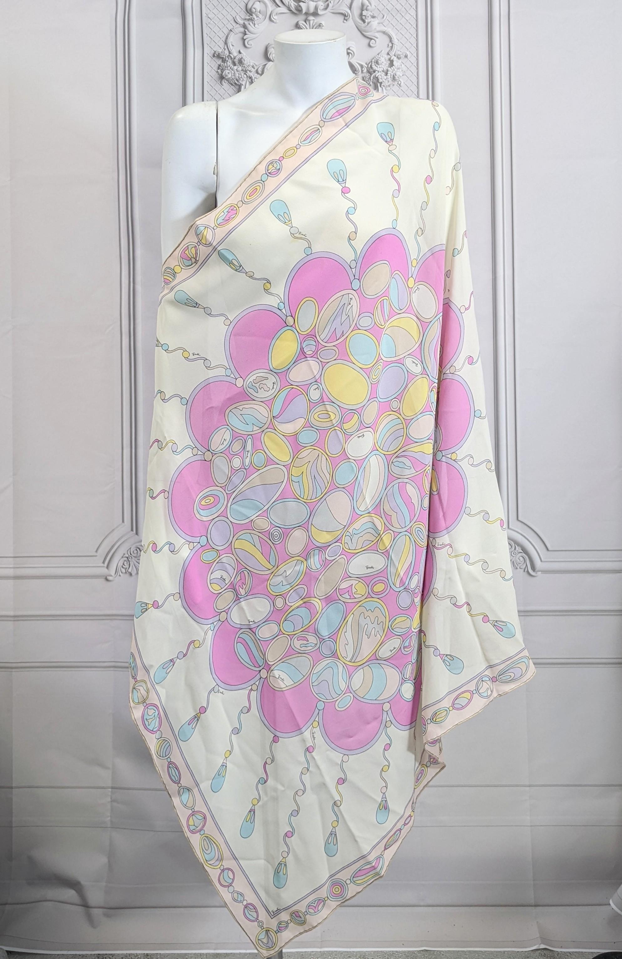 Emilio Pucci large square printed silk chiffon georgette scarf. With an abstract flower head motif print composed of modernist gemstone ovals with tendrils of linked beads and pearl teardrops printed in varied muted shades of mauves, blues, and
