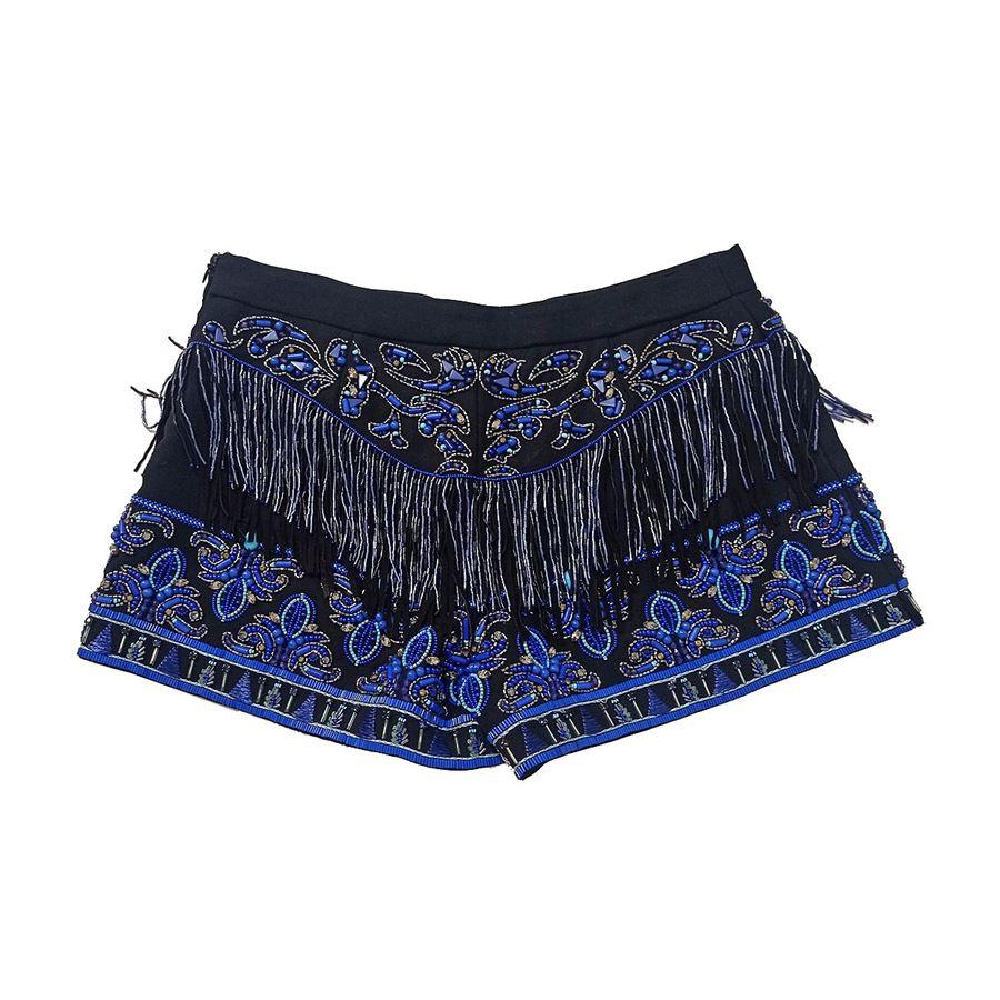 Virgin wool (50%) and silk Black base color Beautiful blue and turquoise jaisse application Shorts length cm 30 (11,8 inches) Shorts width cm 40 (15,7 inches)
