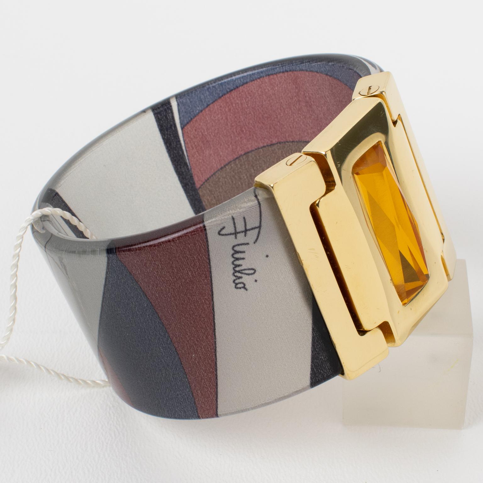 Modernista Emilio Pucci Bracciale in metallo dorato con acrilico e seta in vendita