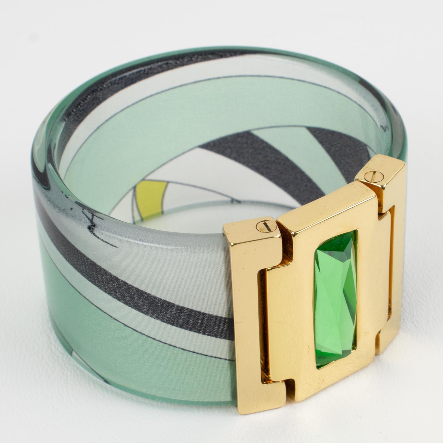 Modernist Emilio Pucci Jeweled Bracelet Bangle Lucite with Green and Black Silk Inclusion For Sale