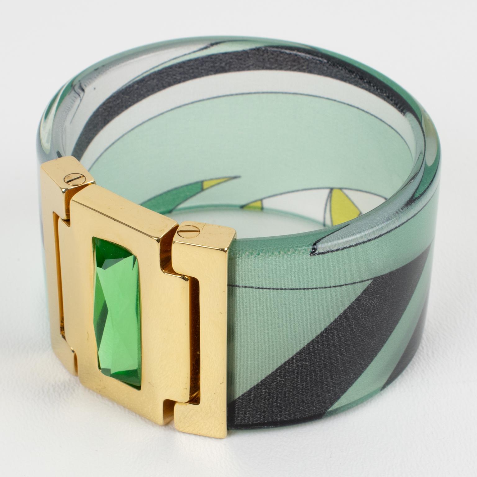 Emilio Pucci Jeweled Bracelet Bangle Lucite with Green and Black Silk Inclusion In Good Condition For Sale In Atlanta, GA