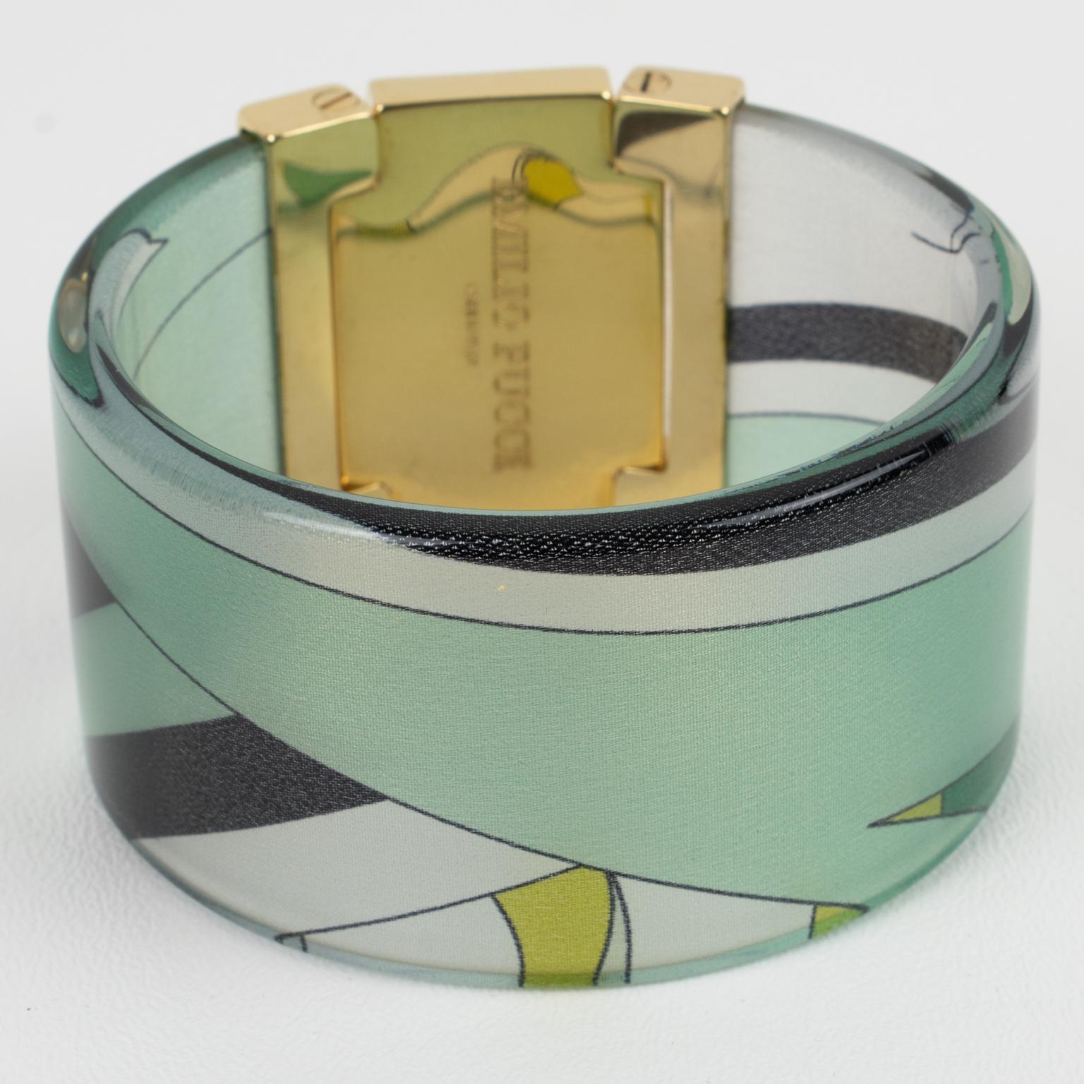 Women's or Men's Emilio Pucci Jeweled Bracelet Bangle Lucite with Green and Black Silk Inclusion For Sale