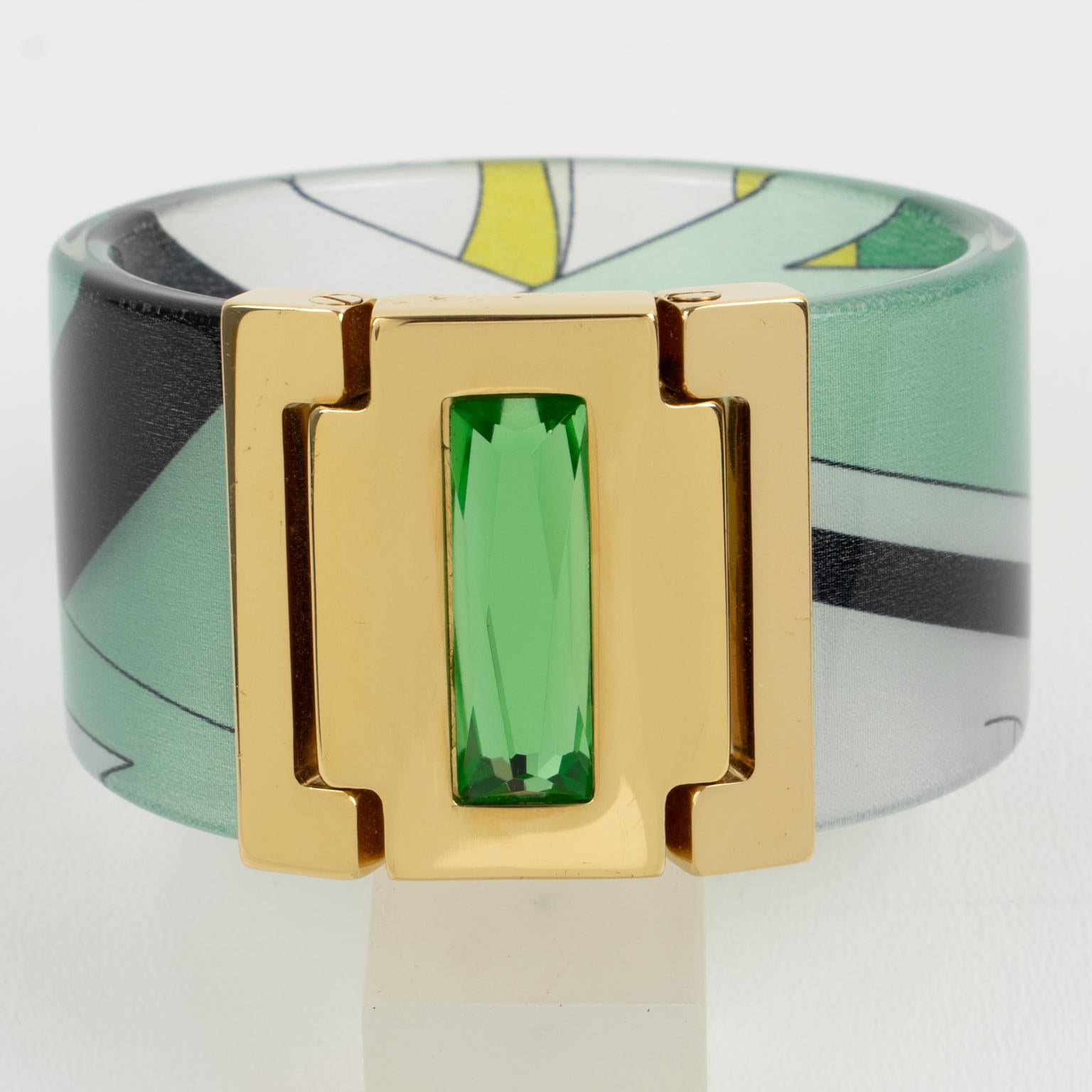 Emilio Pucci Jeweled Bracelet Bangle Lucite with Green and Black Silk Inclusion For Sale 1