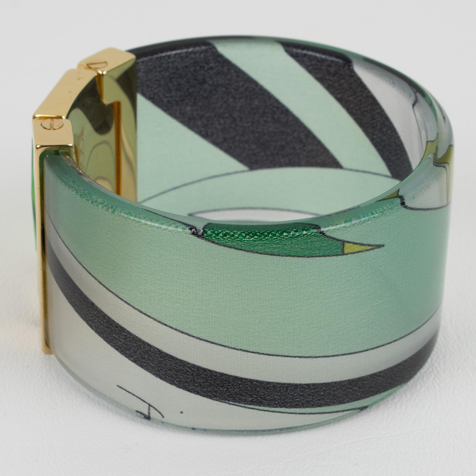 Emilio Pucci Jeweled Bracelet Bangle Lucite with Green and Black Silk Inclusion For Sale 2