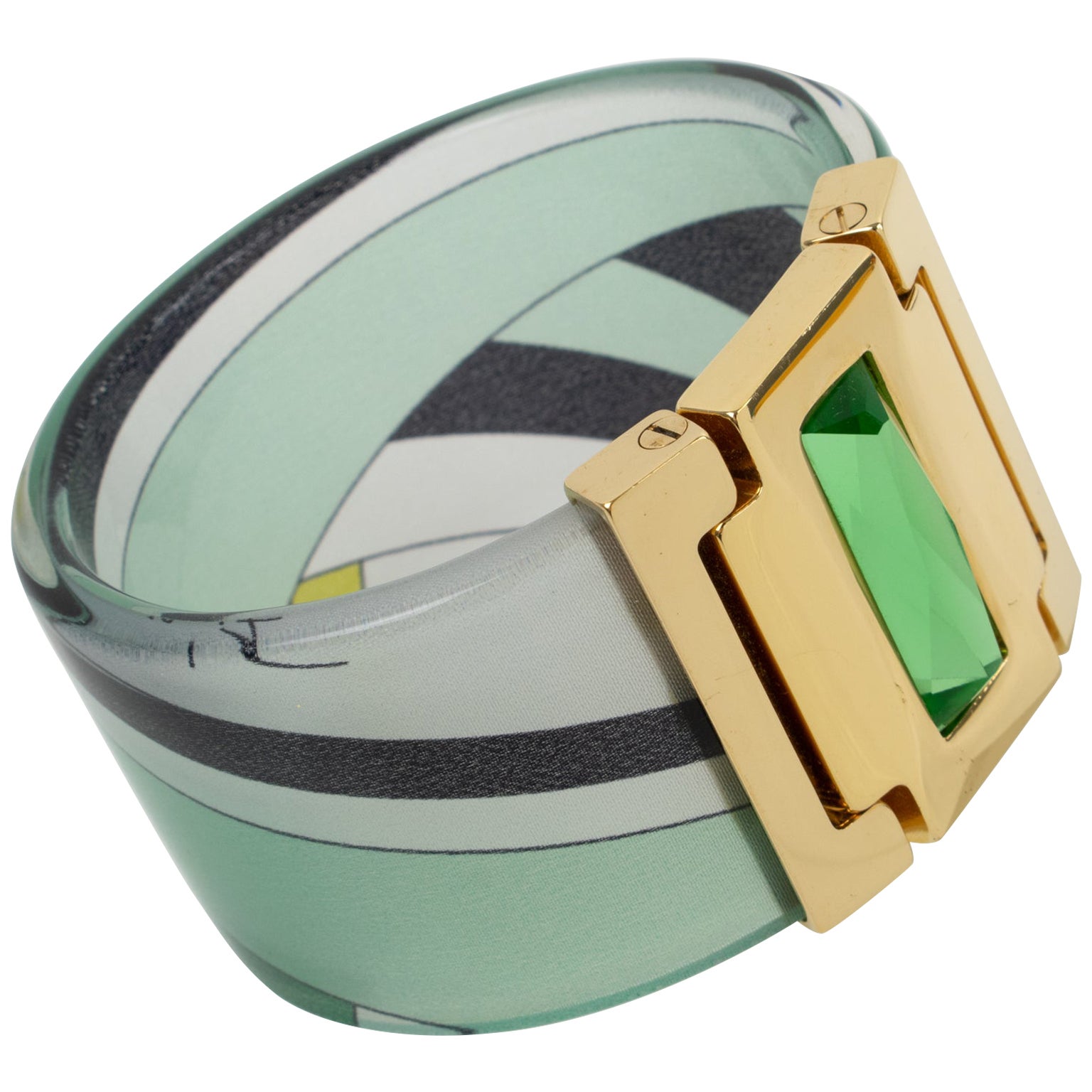 Emilio Pucci Jeweled Bracelet Bangle Lucite with Green and Black Silk Inclusion For Sale