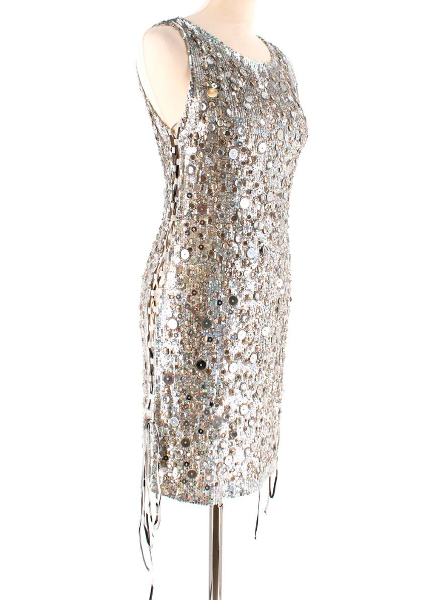 Emilio Pucci Silver Metallic Sequin Short Party dress

- Short, fun sequin dress
- Metal rivets and beads all over
- Lace upsides
- Sleek wide neck
- Slightly see through 
- Heavy material

Material:
Mesh with beading 

Made in Italy

Measurements