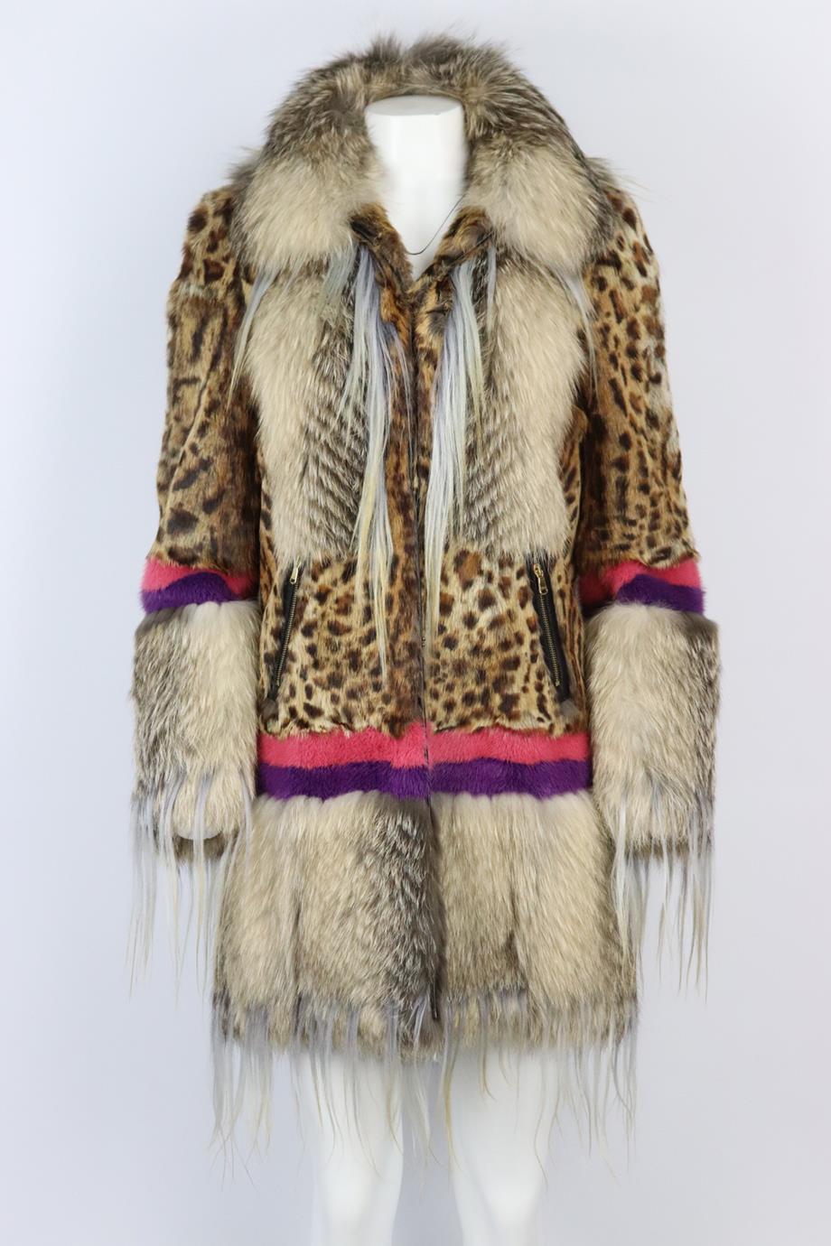 Emilio Pucci leopard print fox, rabbit and mink fur coat. Multicoloured. Long sleeve, v-neck. Hook and eye fastening at front. 43% Fox fur, 43% rabbit fur, 14% mink fur; lining: 100% viscose. Size: IT 40 (UK 8, US 4, FR 36). Shoulder to shoulder: 18