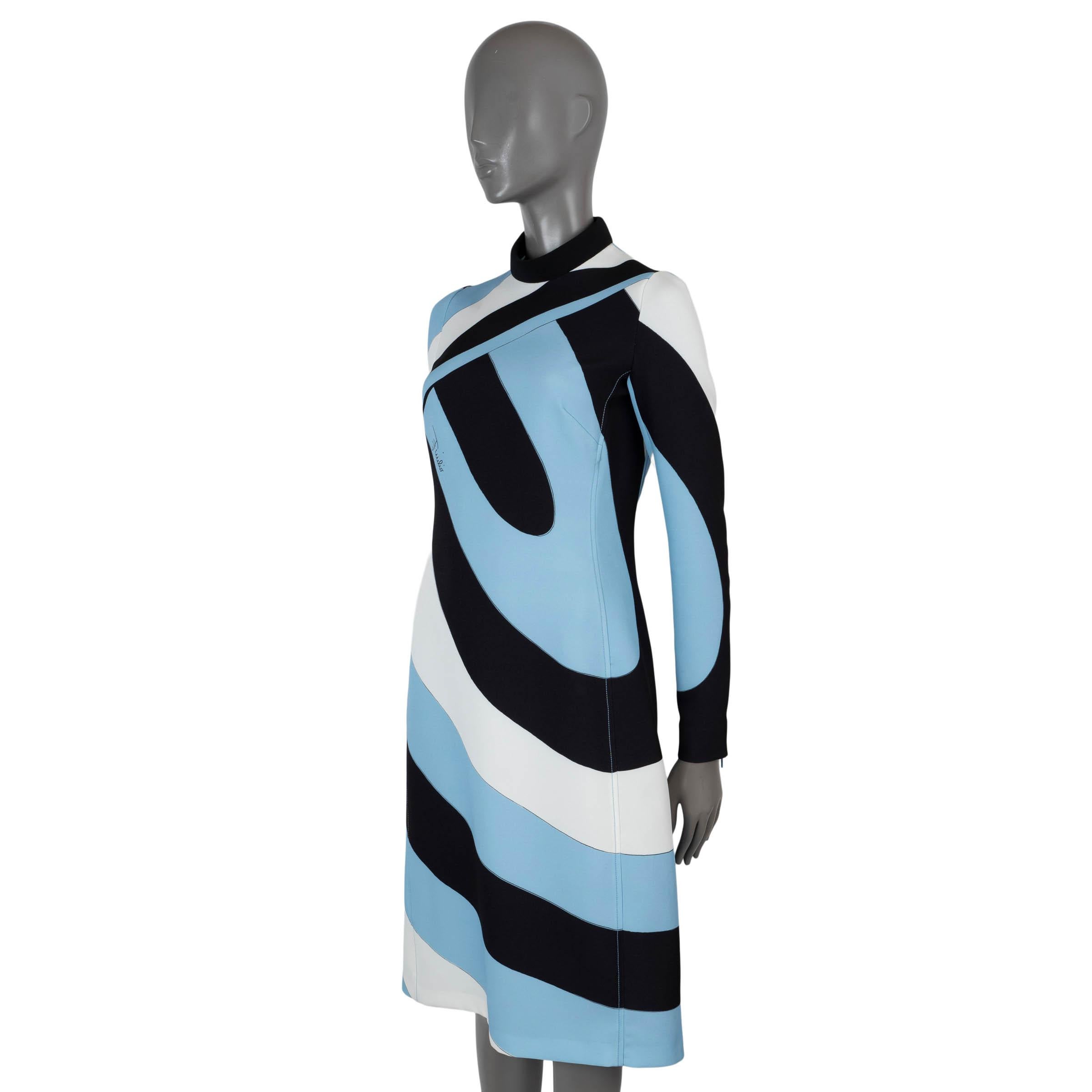100% authentic Emilio Pucci midi dress in light blue, white and black crepe polyester (with 4% elastane) with Iride print. Features a tailored, midi length silhouette, crewneck and long sleeves. Opens with concealed zipper in the back and is