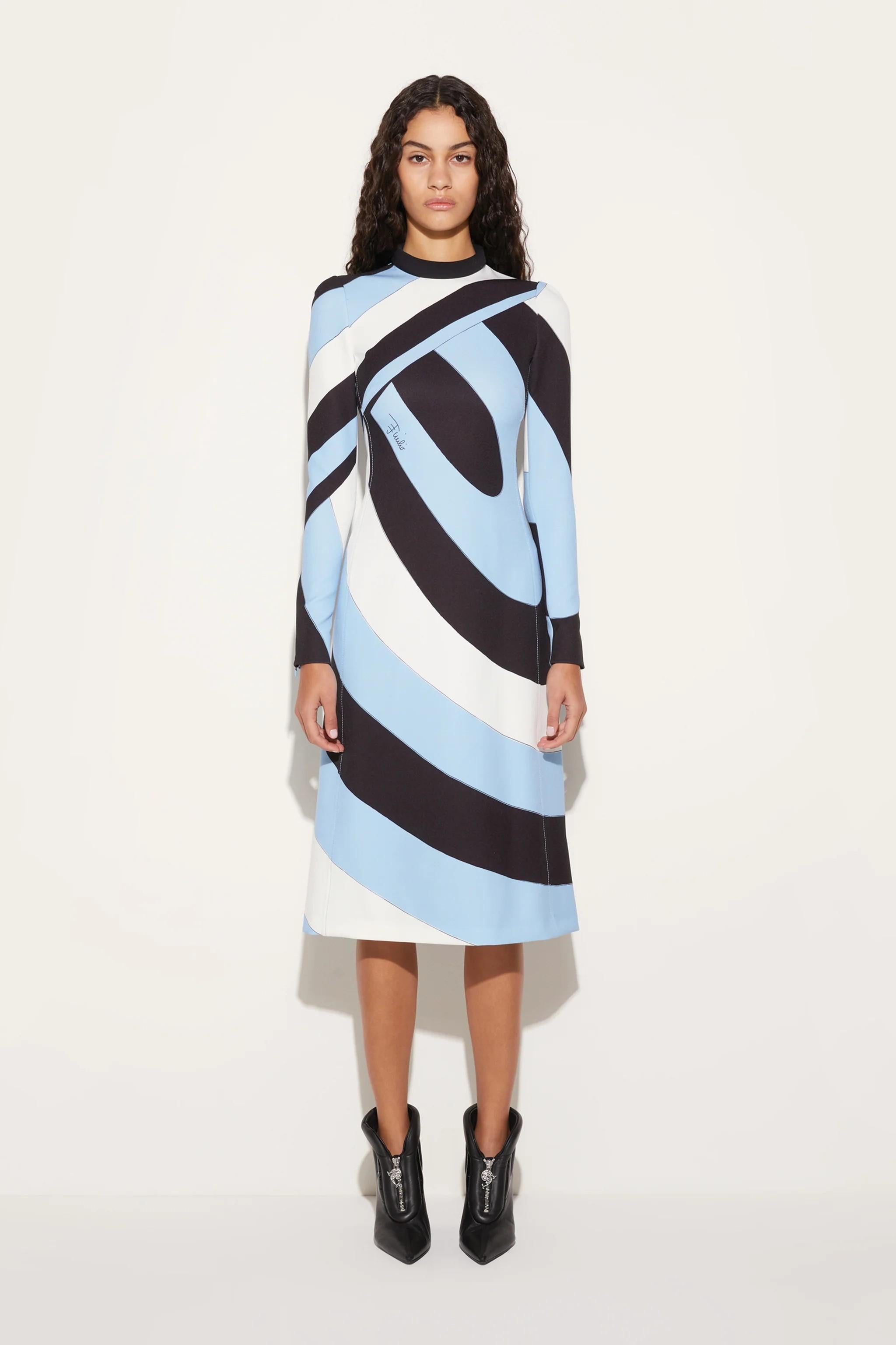 EMILIO PUCCI light blue black white 2024 IRIDE PRINTED MIDI Dress 42 M For Sale 3