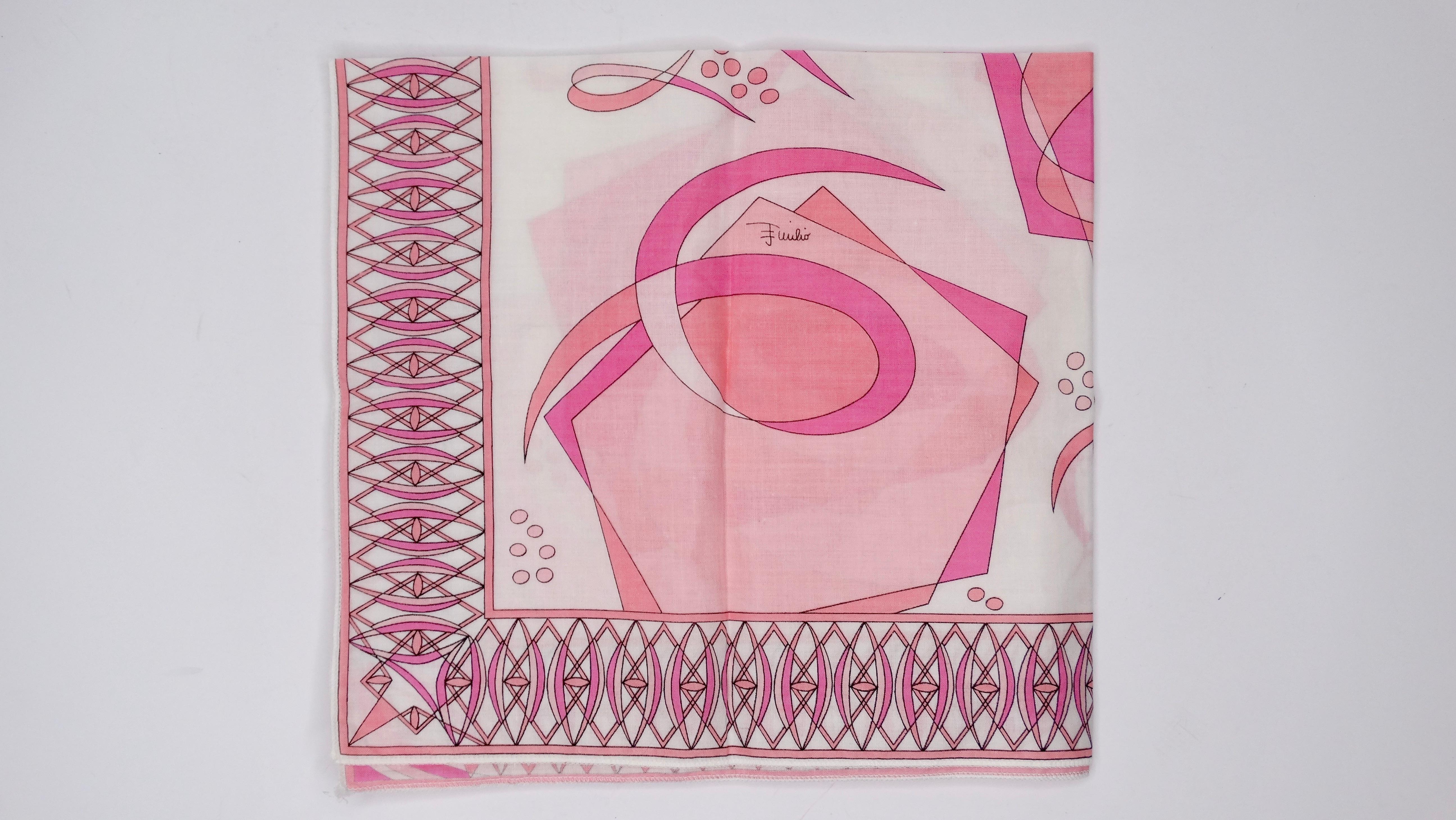 Add this Pucci to your collection! Circa 1960s, this adorable cotton scarf features one of Pucci's signature abstract geometric designs with shades of pink. Emilio Pucci written throughout, made in Italy. This piece is versatile! tie in your hair,