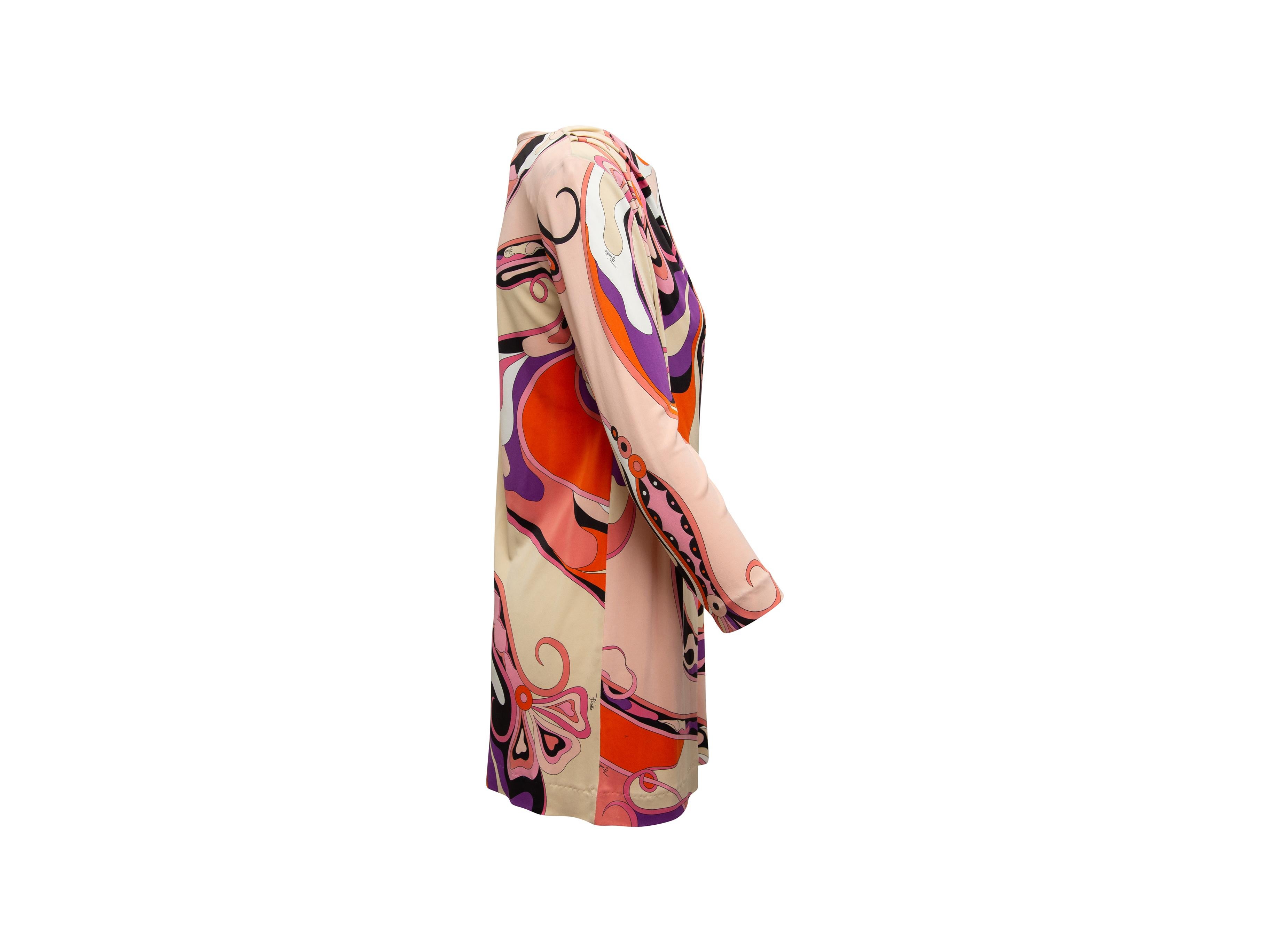 Product details: Light pink and multicolor long sleeve mini dress by Emilio Pucci. Abstract print throughout. Boat neck. Gathering at shoulders. 48