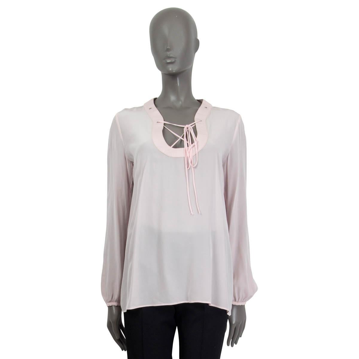 Gray EMILIO PUCCI light pink silk LEATHER COLLAR LACE-UP Blouse Shirt S For Sale