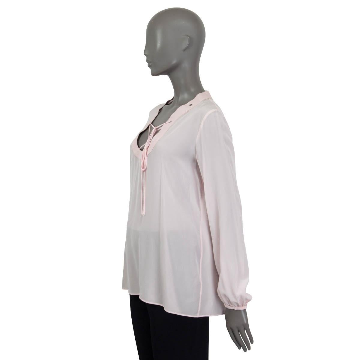 EMILIO PUCCI light pink silk LEATHER COLLAR LACE-UP Blouse Shirt S In Excellent Condition For Sale In Zürich, CH