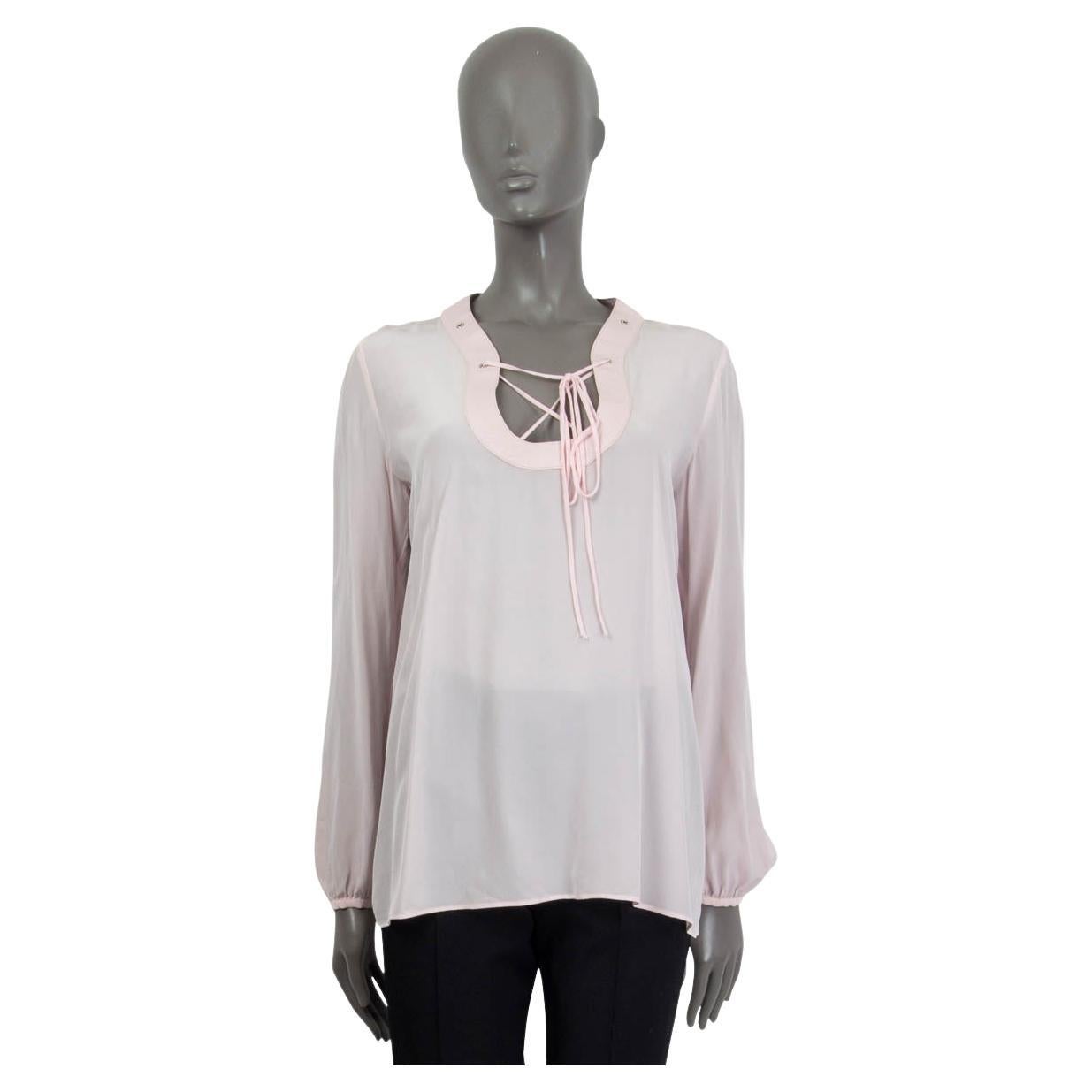 EMILIO PUCCI light pink silk LEATHER COLLAR LACE-UP Blouse Shirt S For Sale