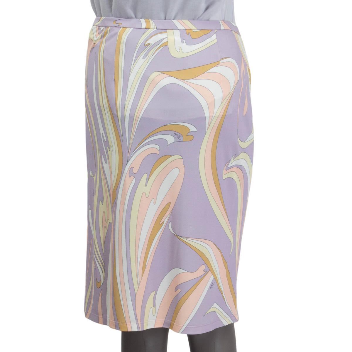 100% authentic Emilio Pucci knee length classic printed skirt in pale lilac, pale salmon, white and vanilla viscose (88%) and silk (12%) (Missing Tag) with an elastic waist band. Has been worn and is in excellent condition. 

Matching top available