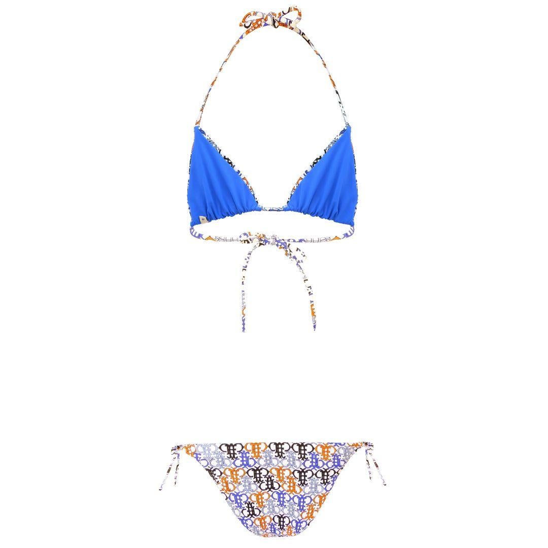 Emilio Pucci white, blue, orange and black string abstract print bikini with logo details.

Triangular bikini halter style top and matching high leg side tie bottoms. Features royal blue lining and adjustable ruching for desired coverage.

Condition