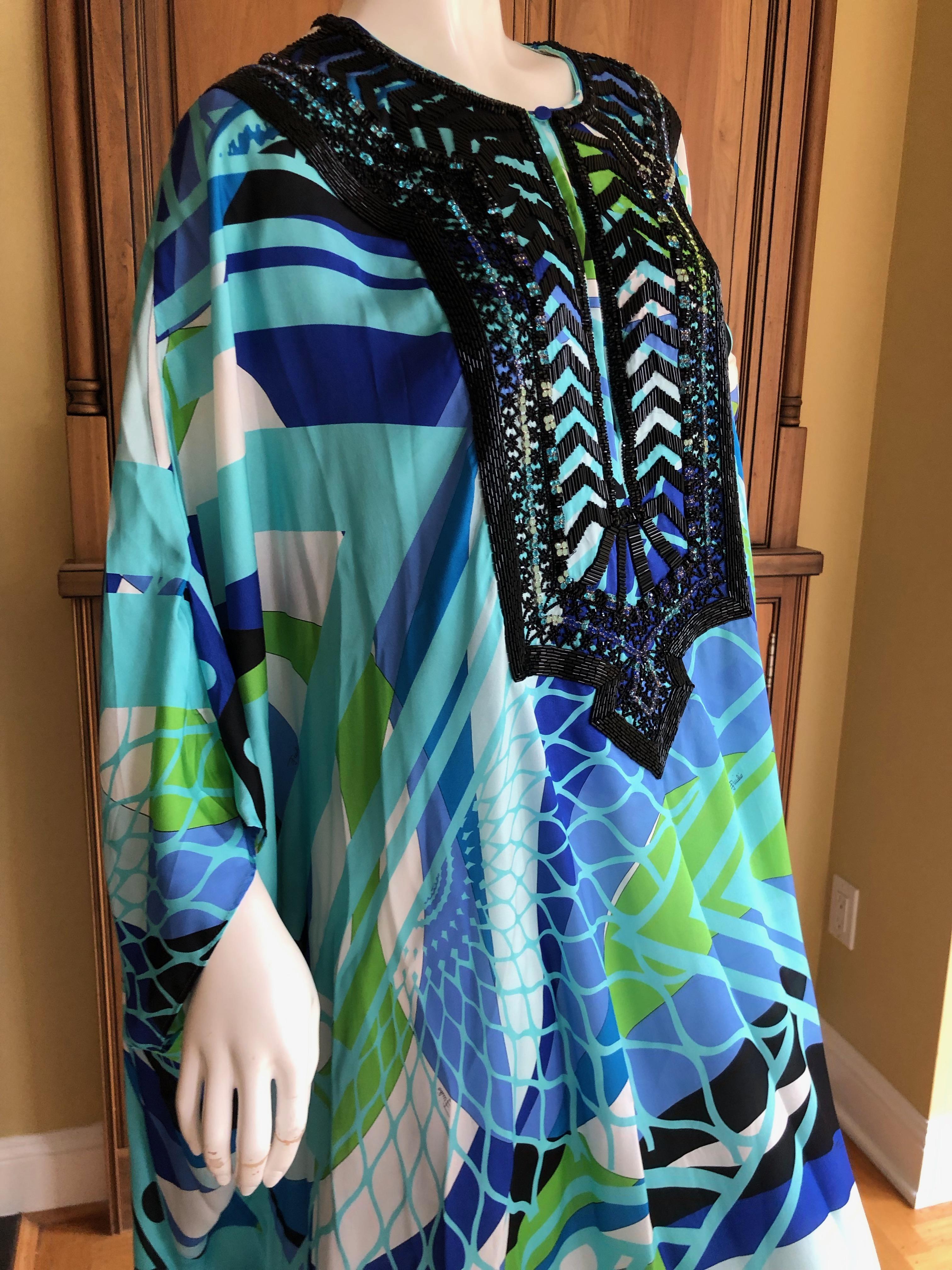 Women's or Men's Emilio Pucci Long Silk Caftan Embellished In Glass Jet Bugle Beads  For Sale