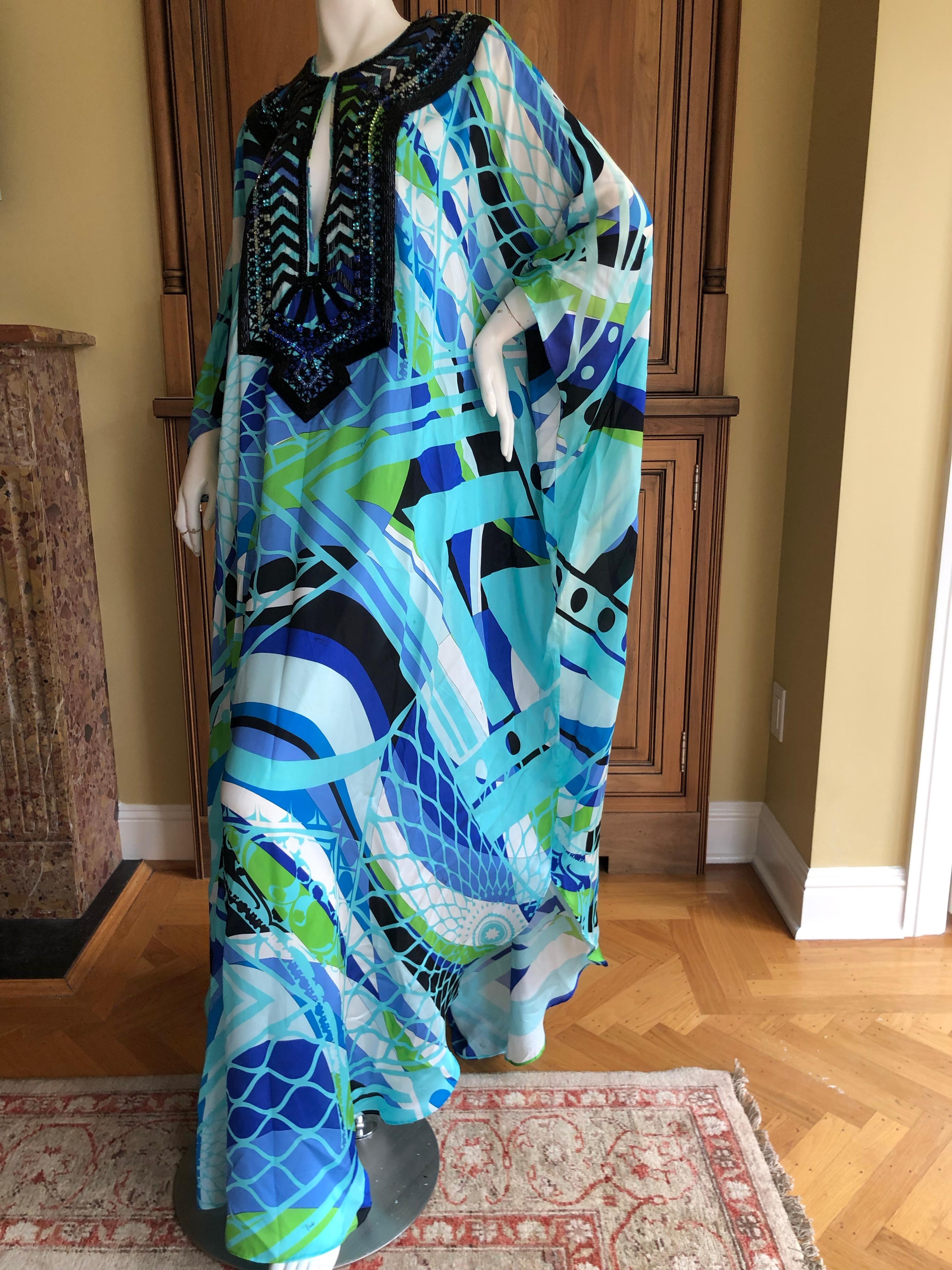 Emilio Pucci Long Silk Caftan Embellished In Glass Jet Bugle Beads  For Sale 1