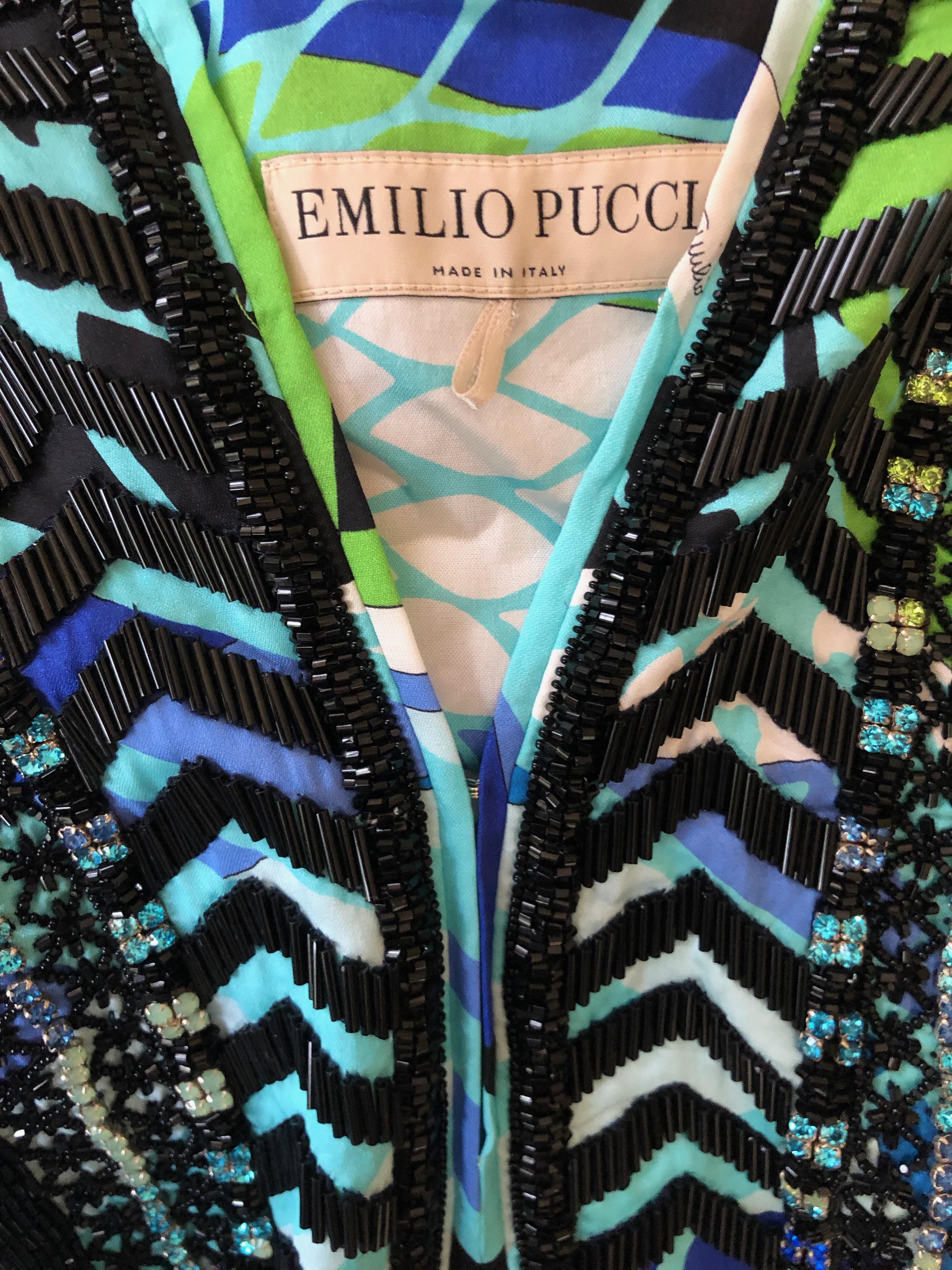 Emilio Pucci Long Silk Caftan Embellished In Glass Jet Bugle Beads  For Sale 4