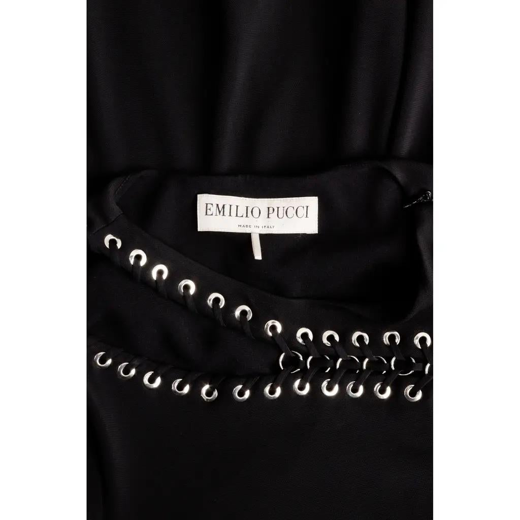 Emilio Pucci Long Sleeve Dress w/ Silver Lace Up Detail in Black Crepe Jersey in vendita 4