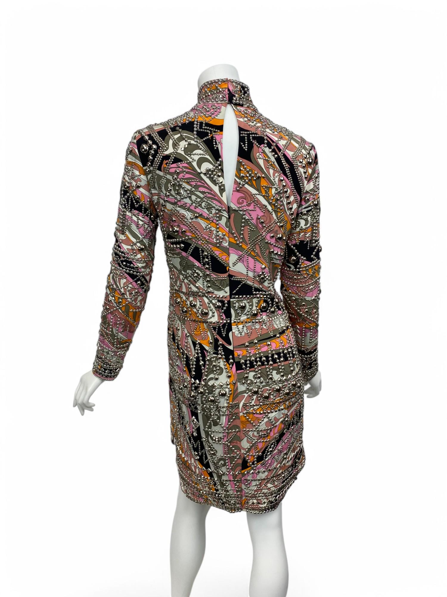 Emilio Pucci Long Sleeve High-Neck Studded Silk Dress, Fall/Winter 2014 Sz: 36 For Sale 5