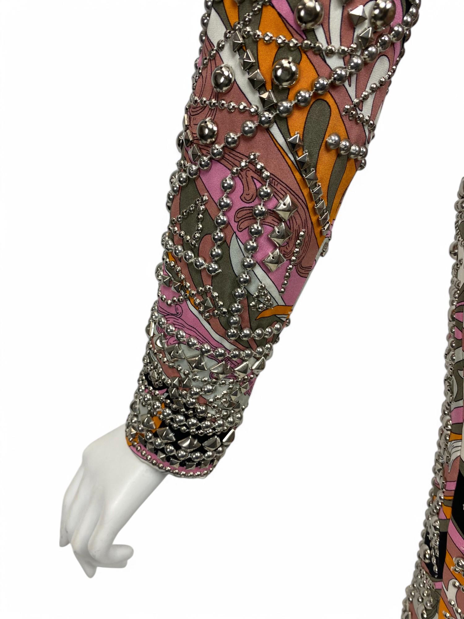 Emilio Pucci Long Sleeve High-Neck Studded Silk Dress, Fall/Winter 2014 Sz: 36 For Sale 6