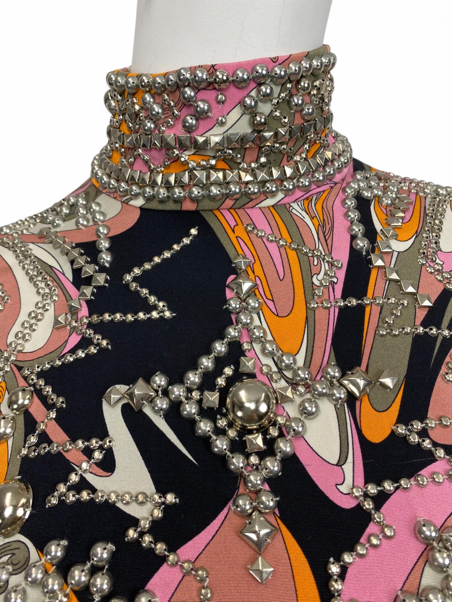 Gray Emilio Pucci Long Sleeve High-Neck Studded Silk Dress, Fall/Winter 2014 Sz: 36 For Sale