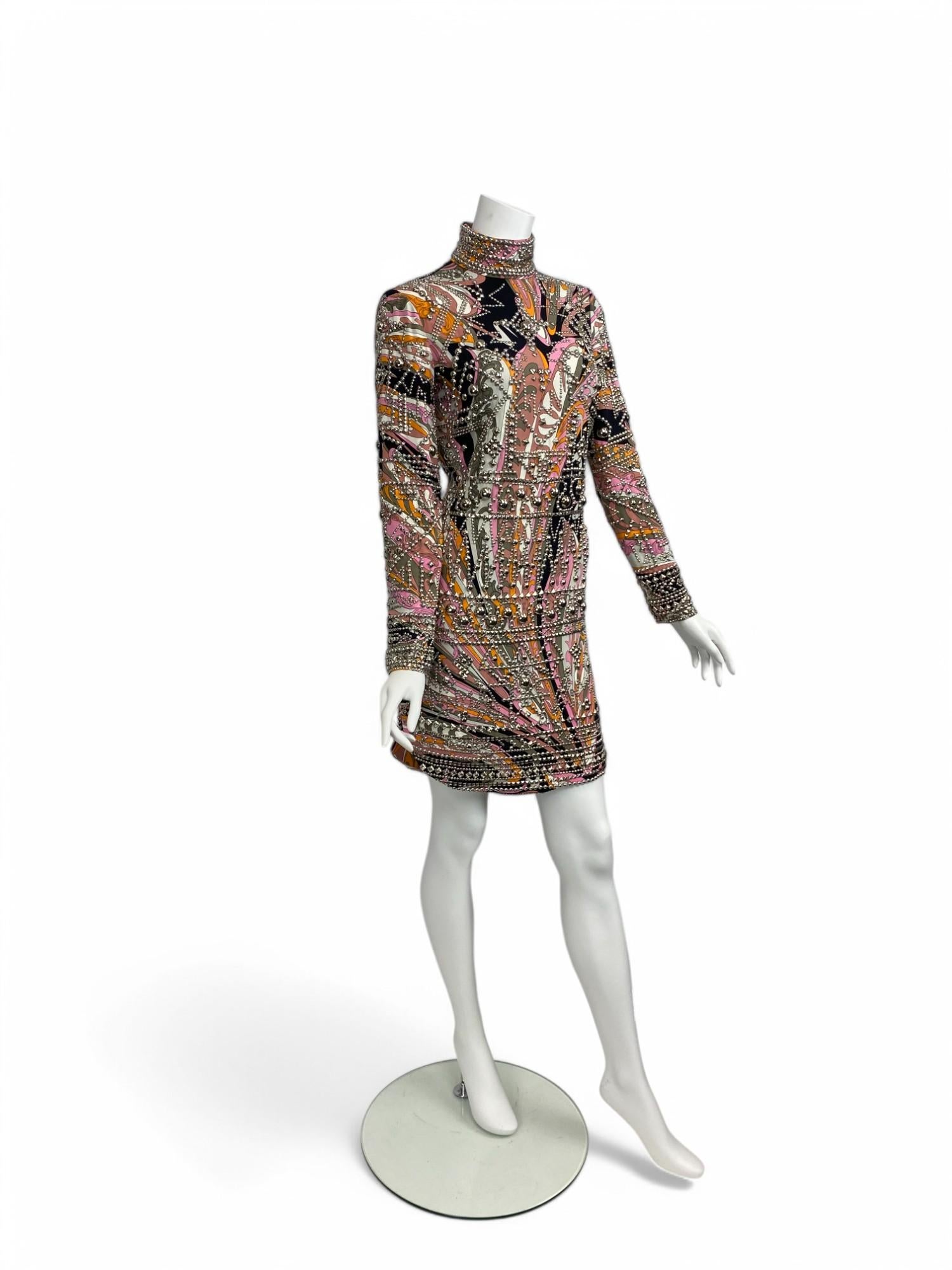 Emilio Pucci Long Sleeve High-Neck Studded Silk Dress, Fall/Winter 2014 Sz: 36 In Good Condition For Sale In West Hartford, CT