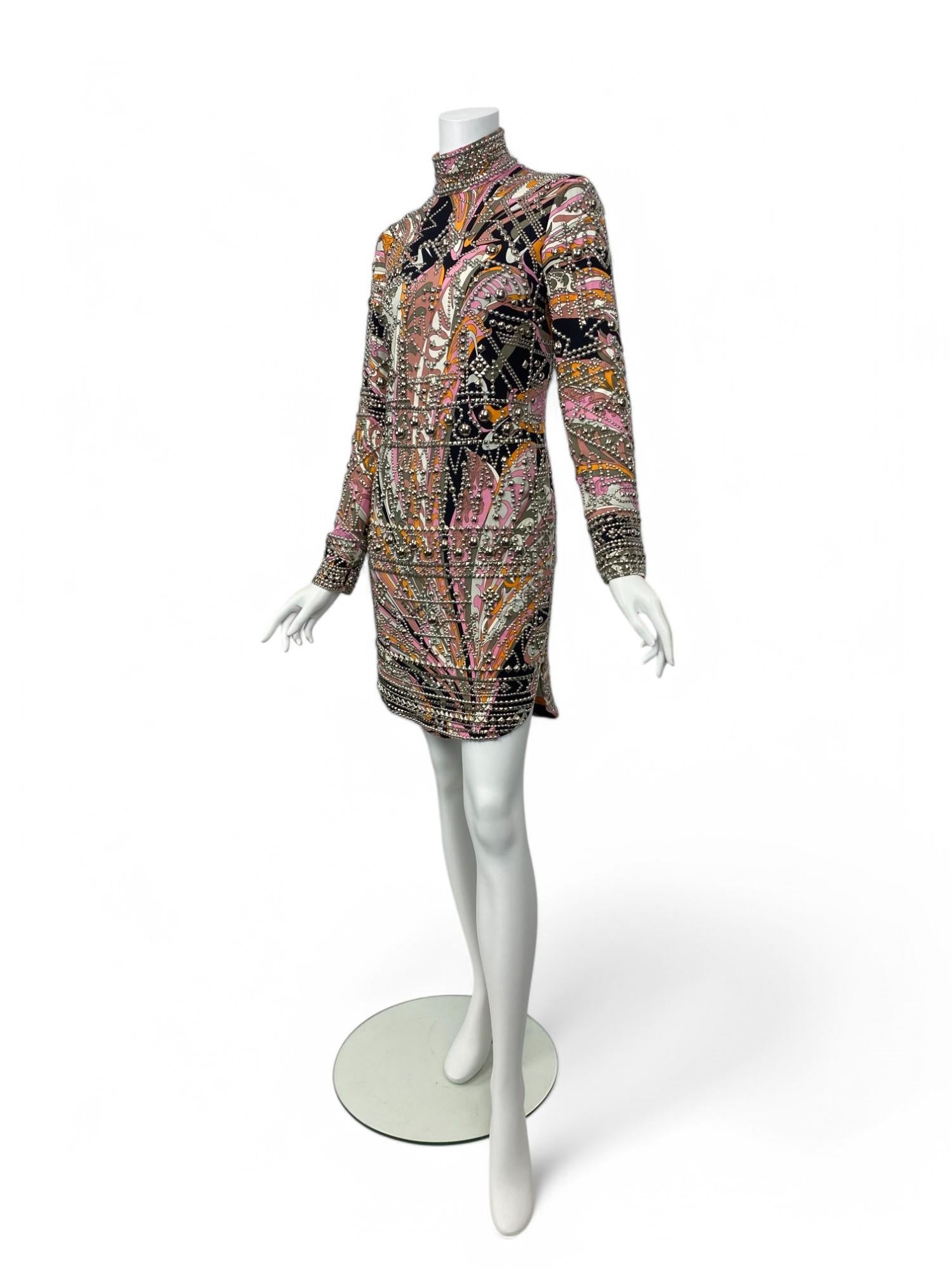 Women's Emilio Pucci Long Sleeve High-Neck Studded Silk Dress, Fall/Winter 2014 Sz: 36 For Sale