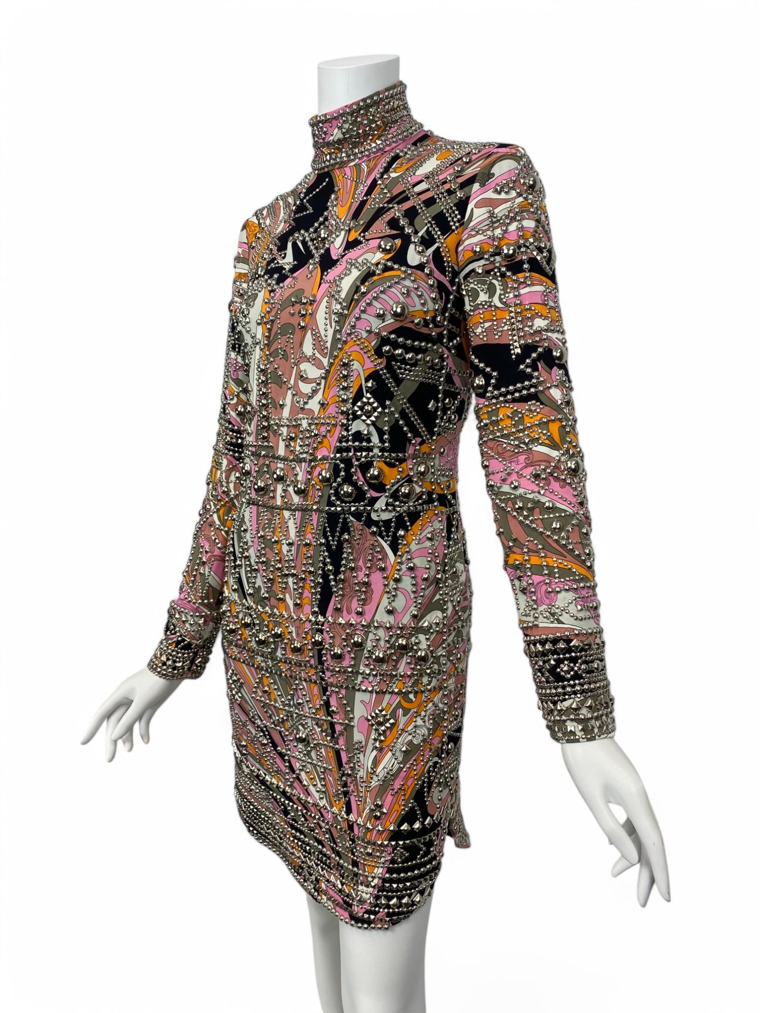 Emilio Pucci Long Sleeve High-Neck Studded Silk Dress, Fall/Winter 2014 Sz: 36 For Sale 1
