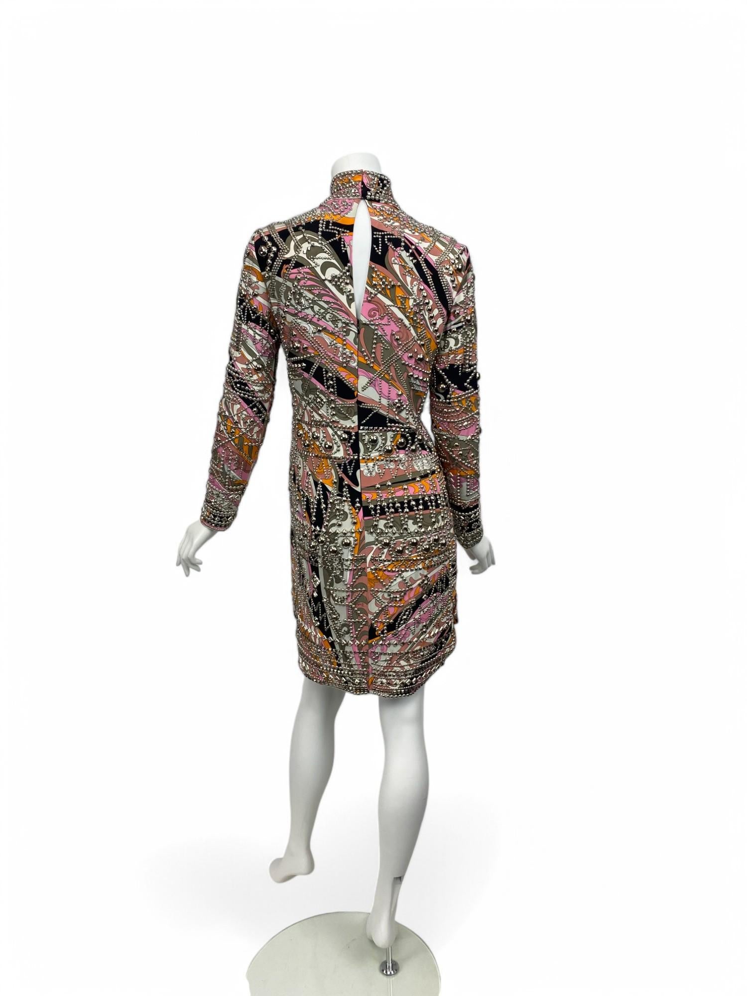 Emilio Pucci Long Sleeve High-Neck Studded Silk Dress, Fall/Winter 2014 Sz: 36 For Sale 2