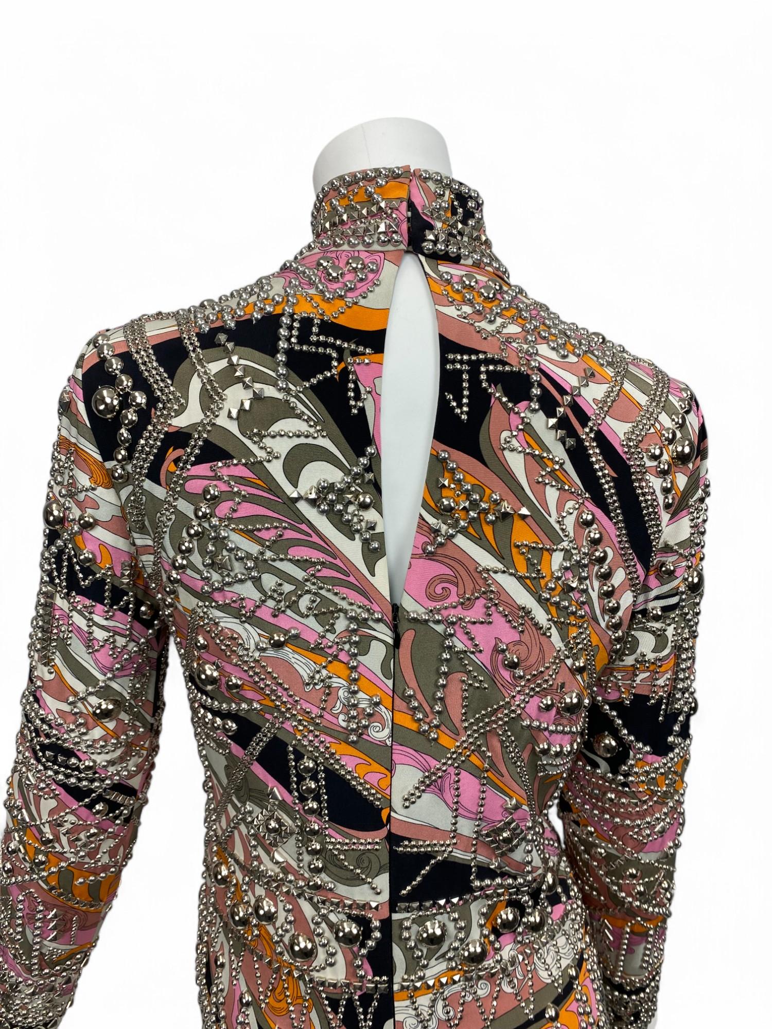 Emilio Pucci Long Sleeve High-Neck Studded Silk Dress, Fall/Winter 2014 Sz: 36 For Sale 3