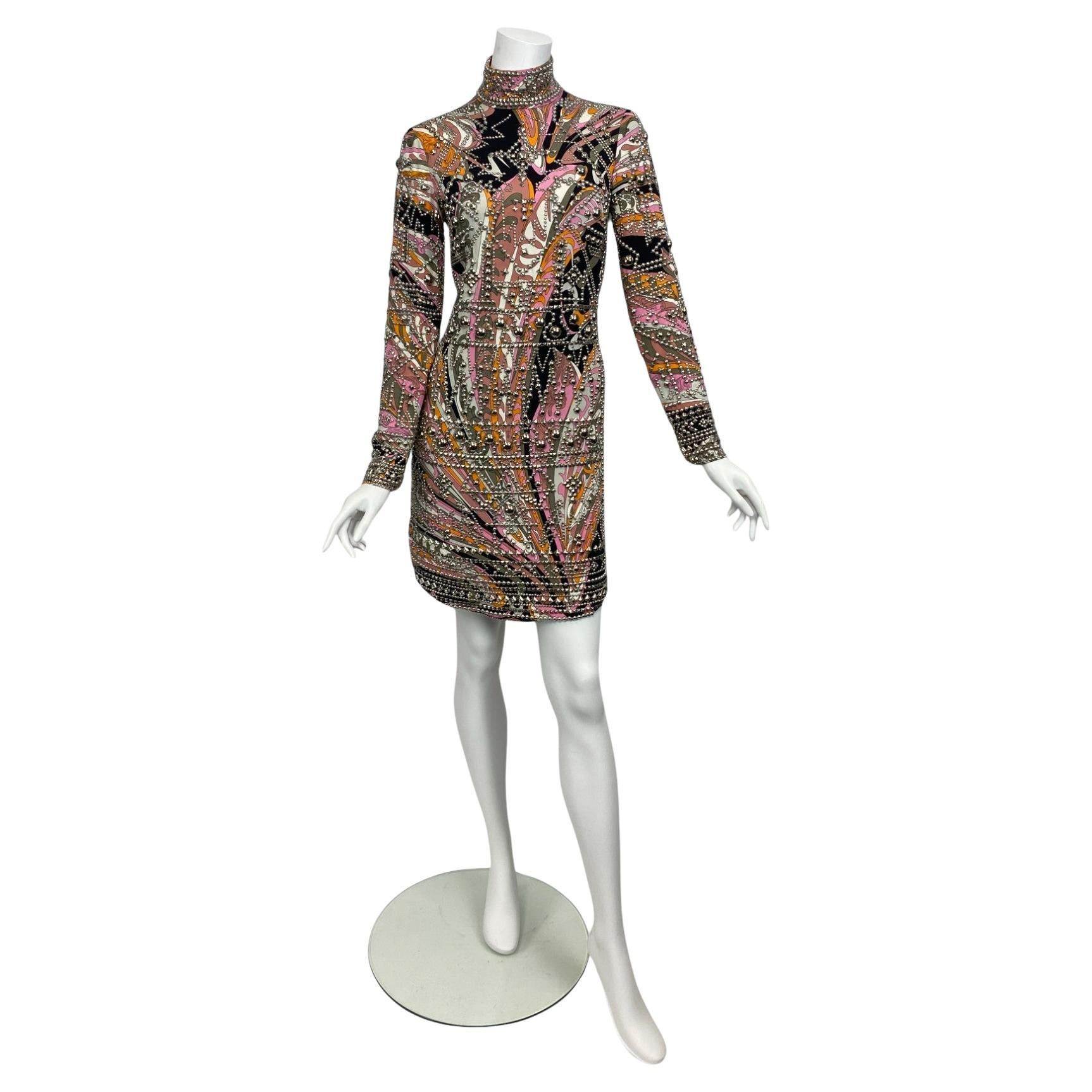 Emilio Pucci Long Sleeve High-Neck Studded Silk Dress, Fall/Winter 2014 Sz: 36 For Sale