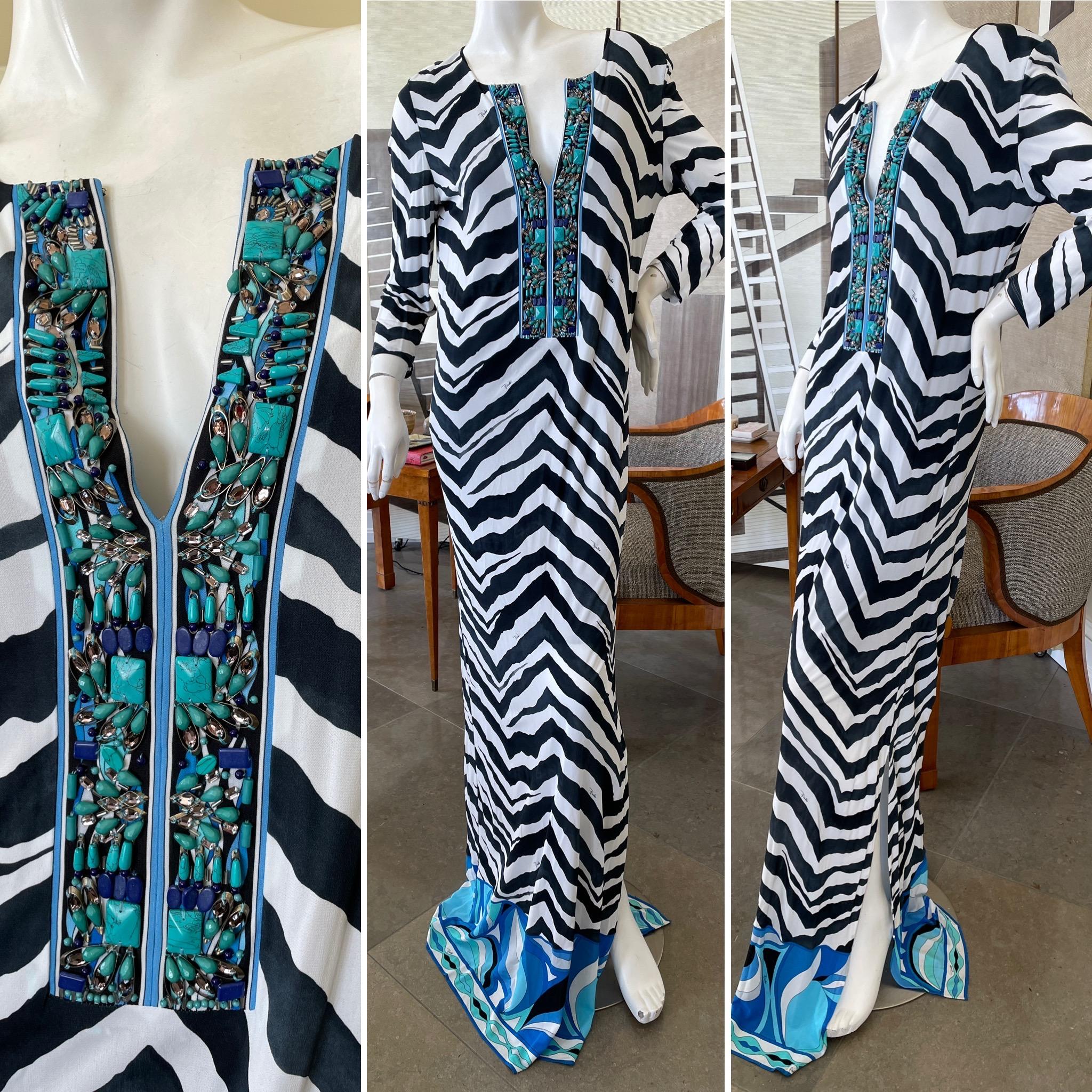 Emilio Pucci Low Cut Zebra Pattern Embellished Caftan Style Dress
So beautiful, please use the zoom feature to see the details. 
 Size 12 US
Bust 40