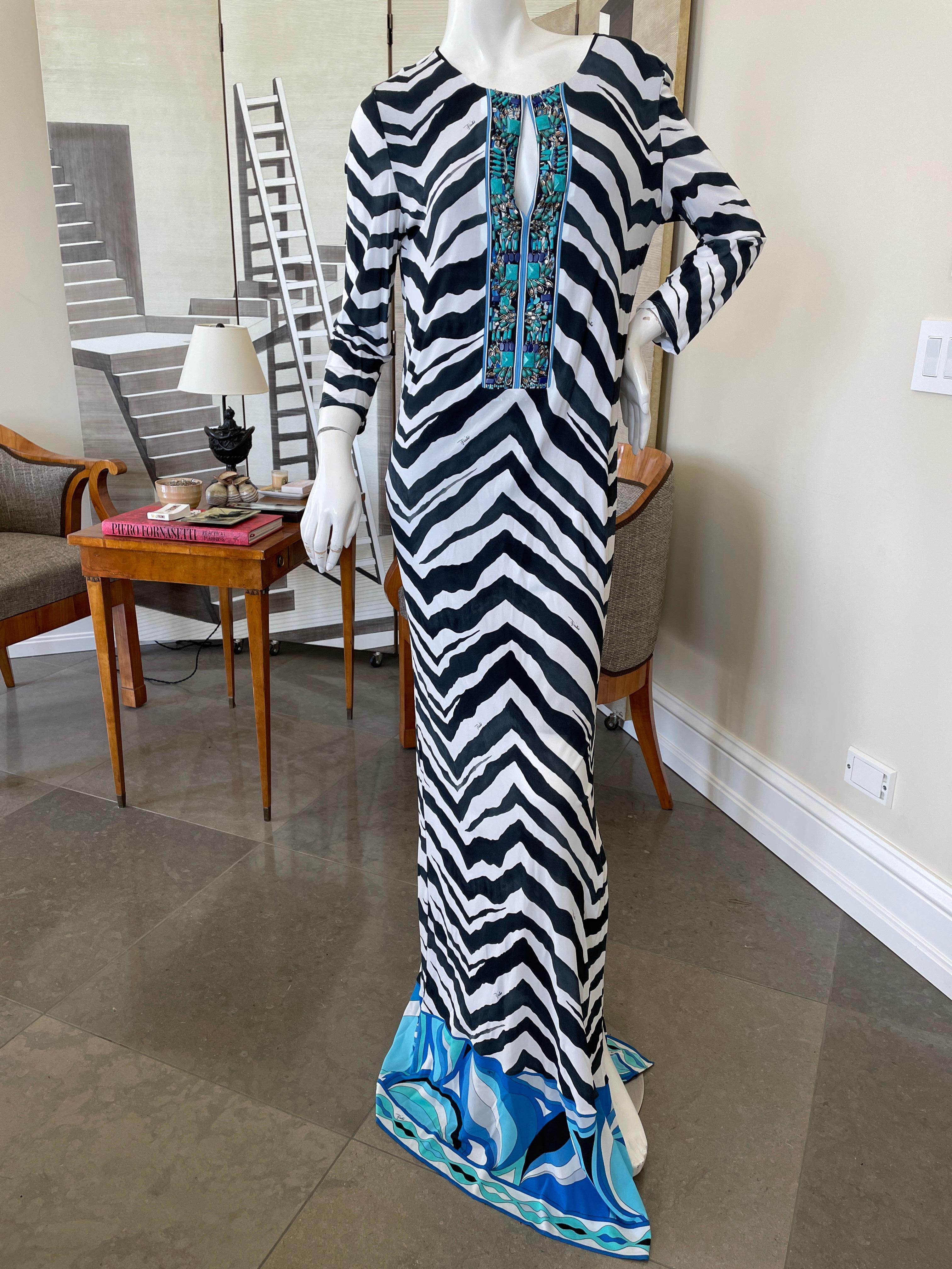 Black Emilio Pucci Low Cut Zebra Pattern Embellished Caftan Style Dress For Sale