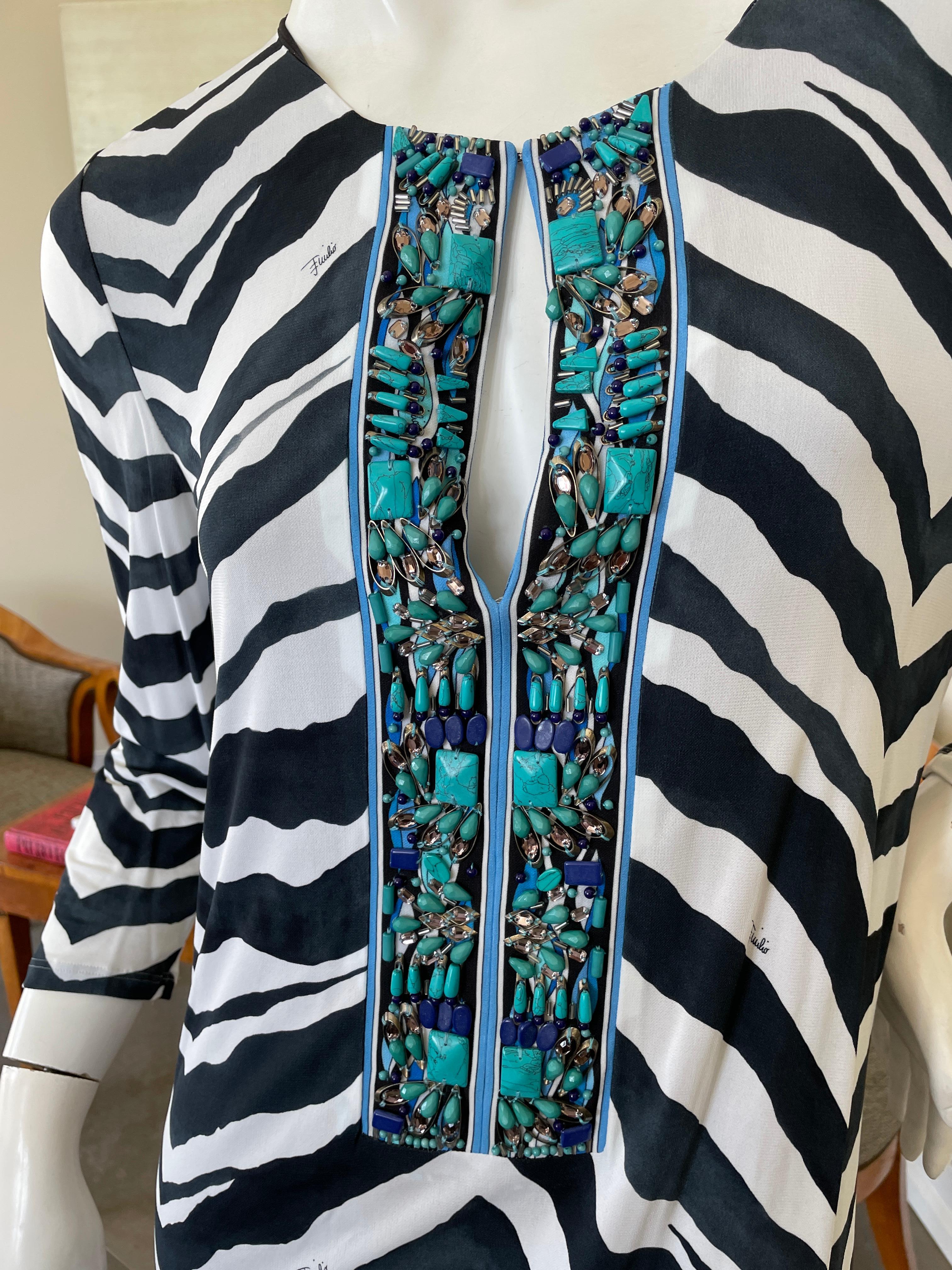 Emilio Pucci Low Cut Zebra Pattern Embellished Caftan Style Dress In Excellent Condition For Sale In Cloverdale, CA