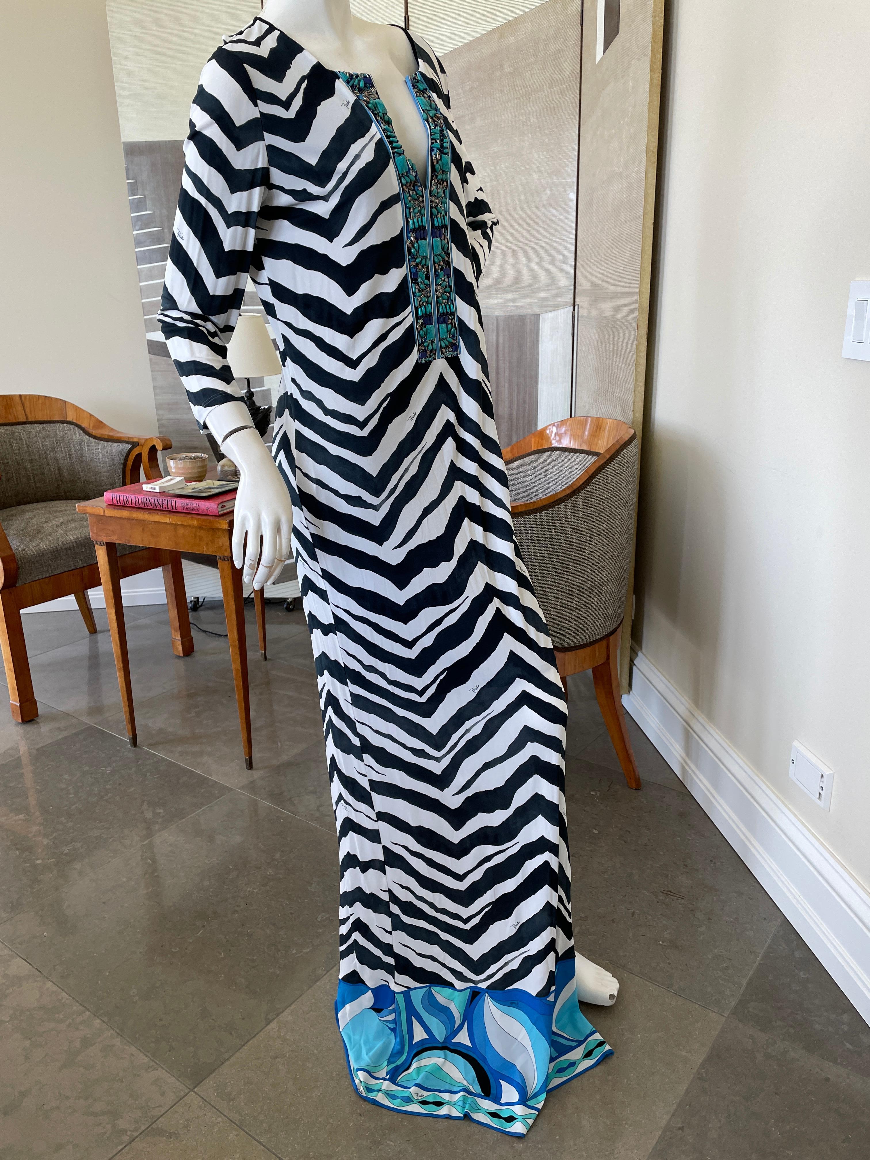 Emilio Pucci Low Cut Zebra Pattern Embellished Caftan Style Dress For Sale 1