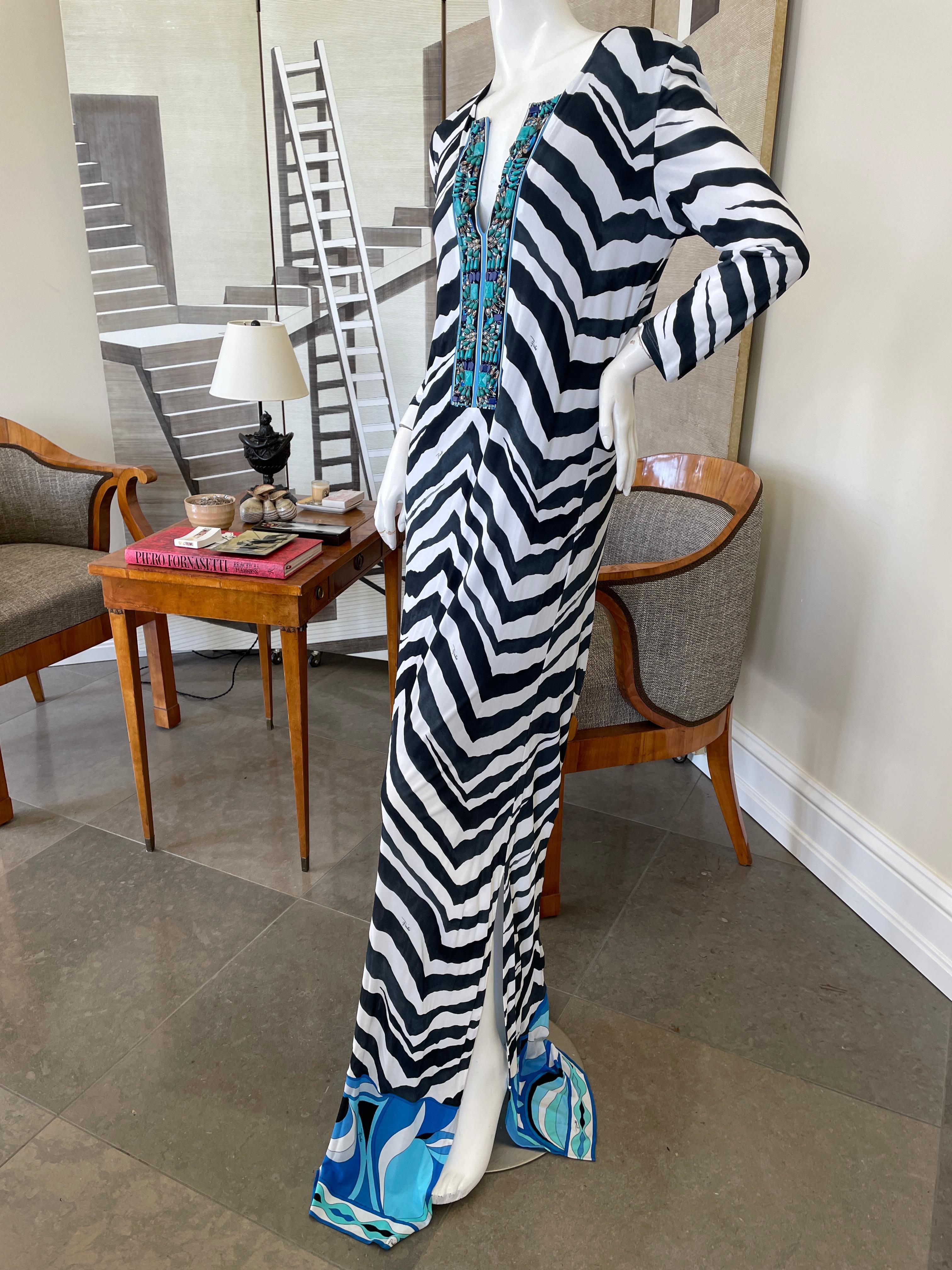 Emilio Pucci Low Cut Zebra Pattern Embellished Caftan Style Dress For Sale 2