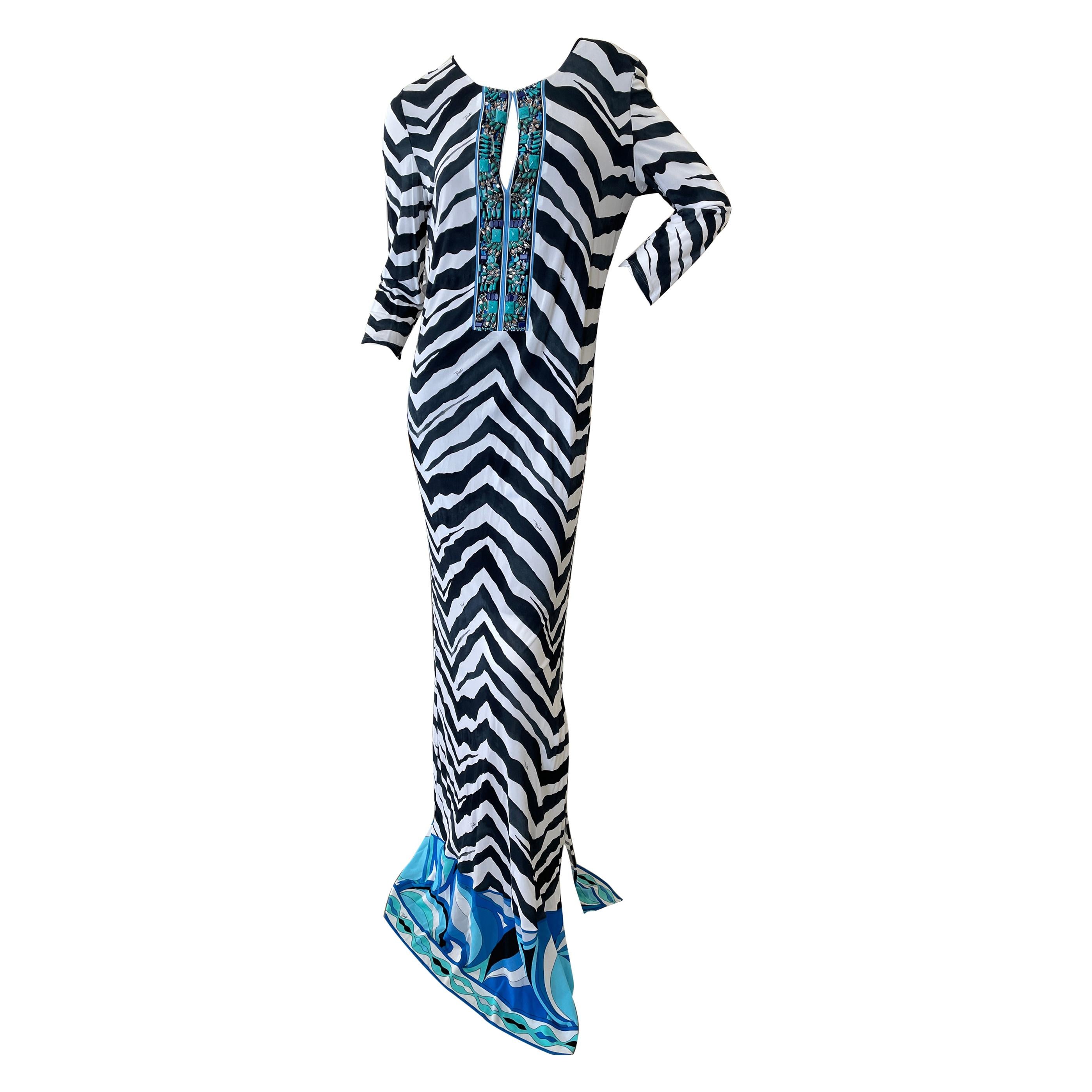 Emilio Pucci Low Cut Zebra Pattern Embellished Caftan Style Dress For Sale