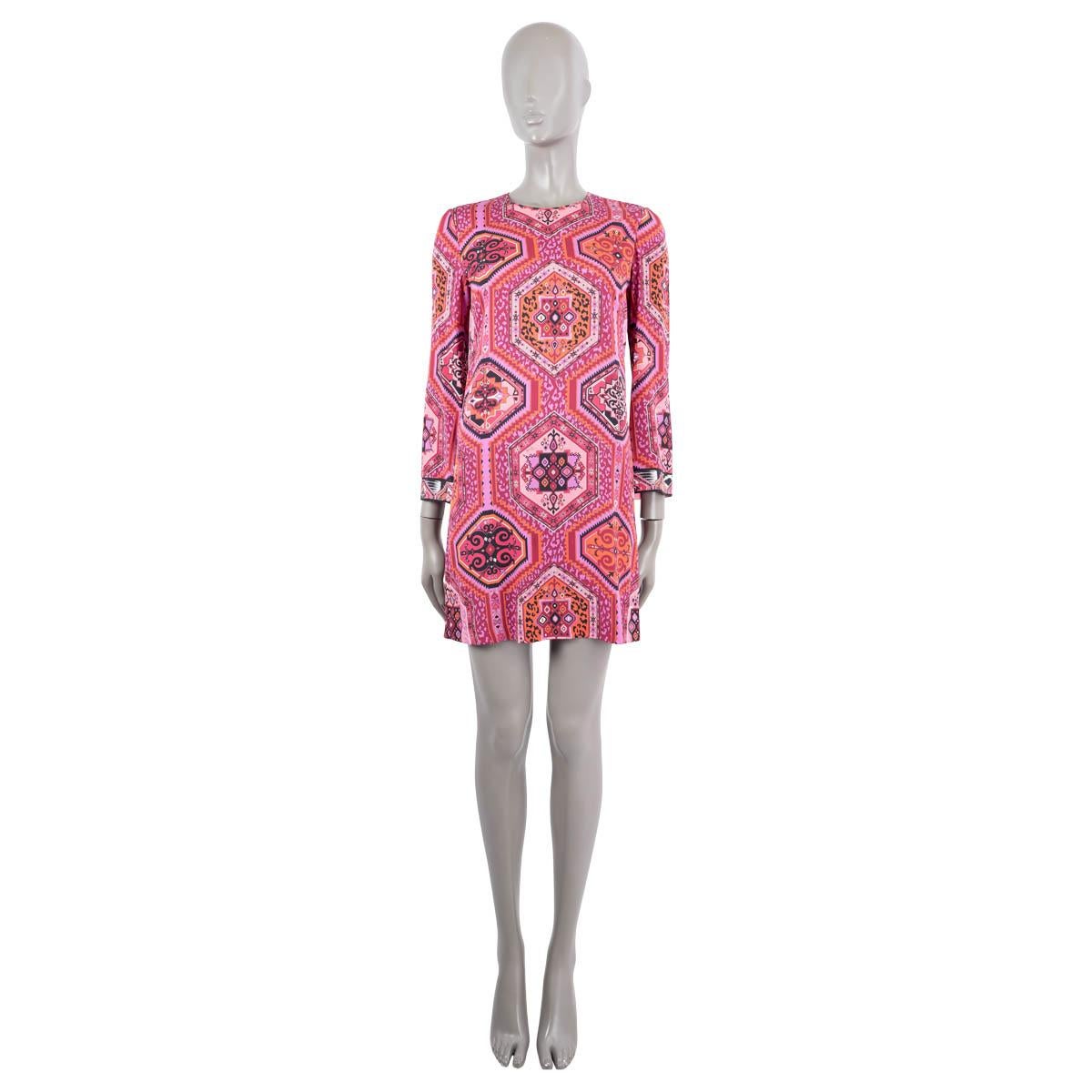 100% authentic Emilio Pucci long sleeve printed straight dress in pink, magenta, coral, black and white silk (94%) and elastane (6%). The design features flared sleeves and a buttoned keyhole on the back. Unlined. Has been worn and is in excellent