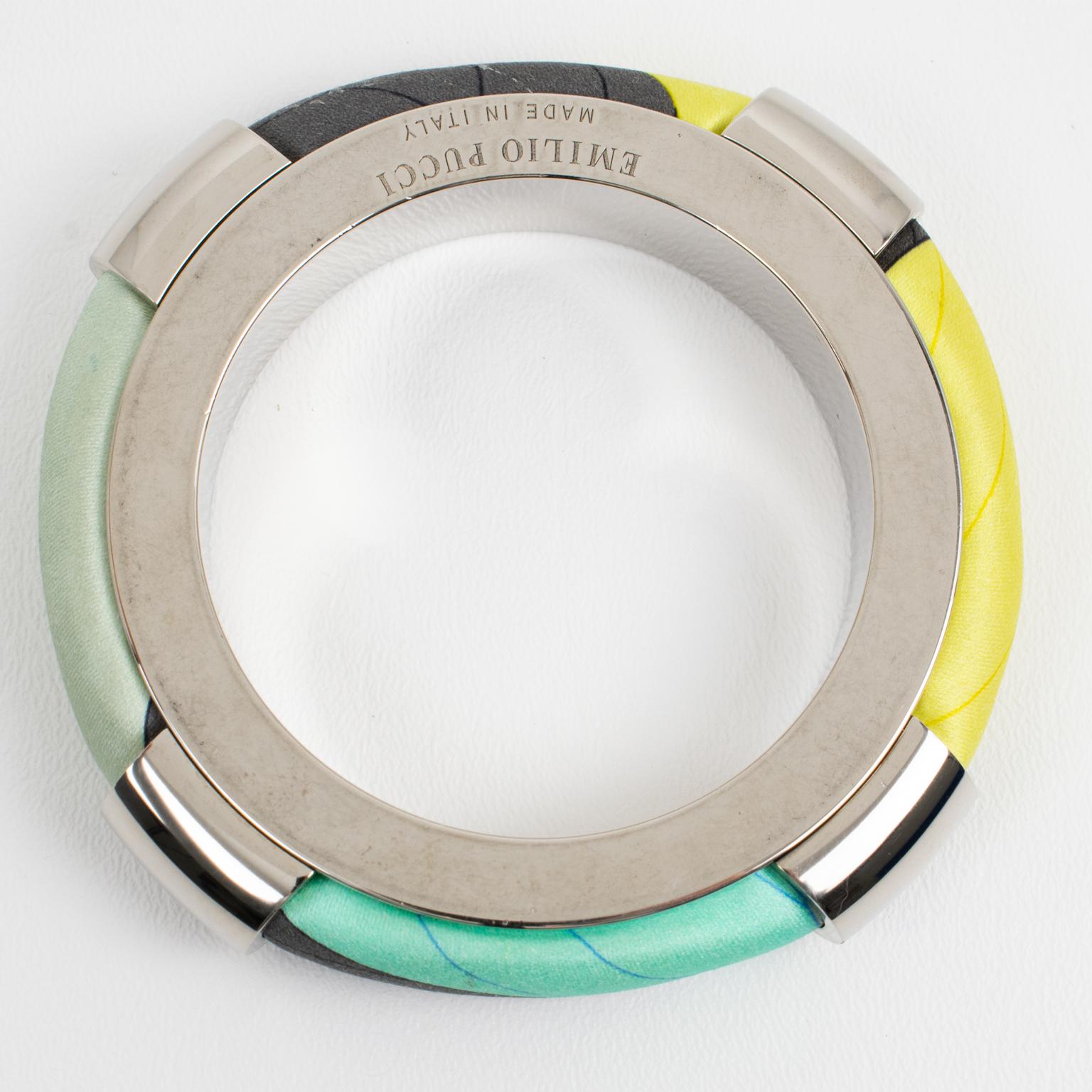 Emilio Pucci Massive Chrome Metal and Multicolor Silk Bracelet Bangle For Sale 1