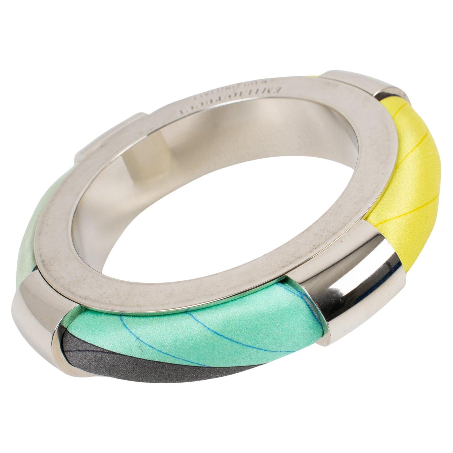 Emilio Pucci Massive Chrome Metal and Multicolor Silk Bracelet Bangle For Sale