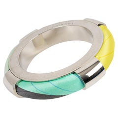 Emilio Pucci Massive Chrome Metal and Multicolor Silk Bracelet Bangle